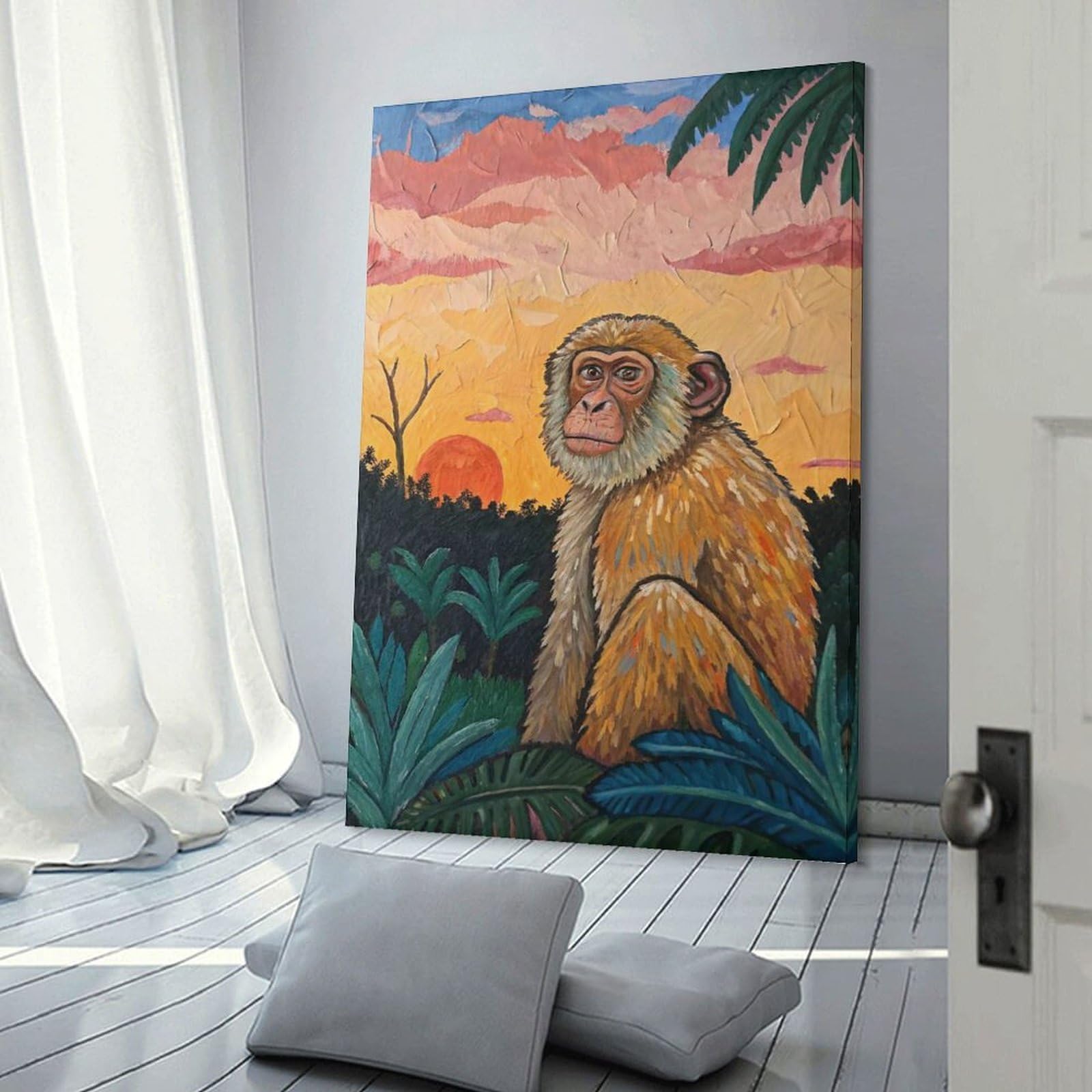 Junmoney Monkey at Sunset Canvas Art Print 24x36inch(60x90cm), for Art Walls, Layered Displays Or Homes, Decorative Artwork with Flexible Styling