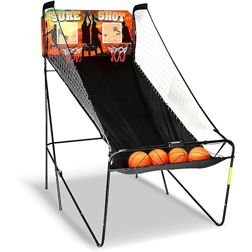 Hathaway Sure Shot 81-in Dual Basketball Arcade Game for Game Room - with LED Scoring, Foldable Indoor Basketball Game Design, Steel Frame, 8 Game Modes, Pump & Dual Hoops - Orange/Black Finish