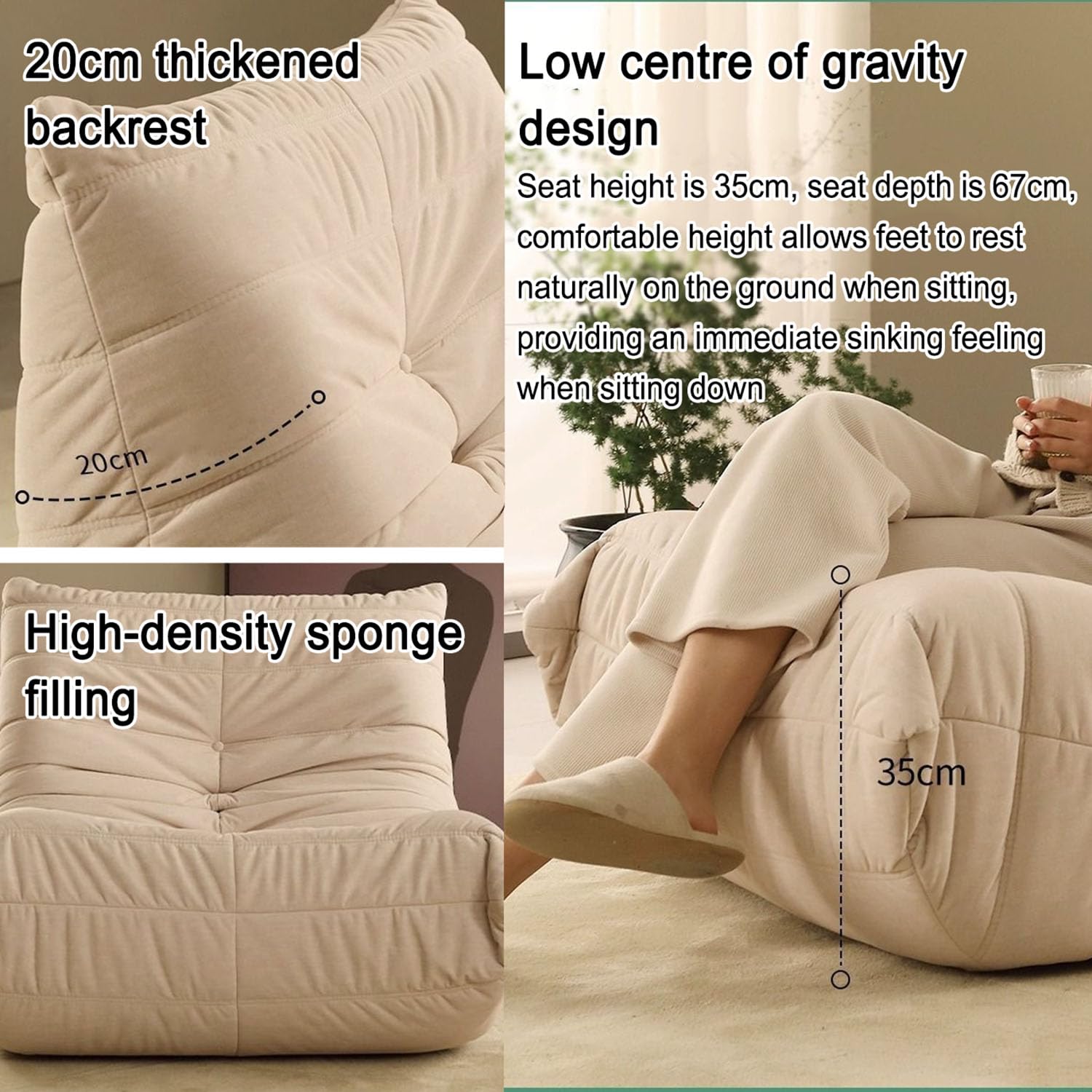 Fotel Togo, Fotele Narożne Pufy, Wygodna Sofa Podłogowa, Ergonomiczna konstrukcja, Wysokość Siedzenia 35 Cm, Głębokość Siedzenia 60 Cm, Bezramienny fotel boczny do Salonu, Sypialni