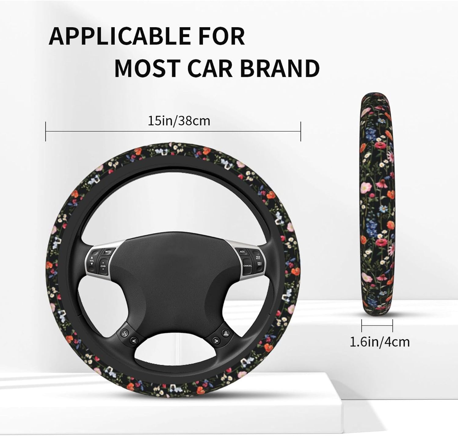 Car Steering Wheel Cover Wildflower Floral + Cars 2 Pieces Coasters | Anti-Slip Breathable Universal for 14 - 15.5 Inch Fit for Car Truck SUV for Women