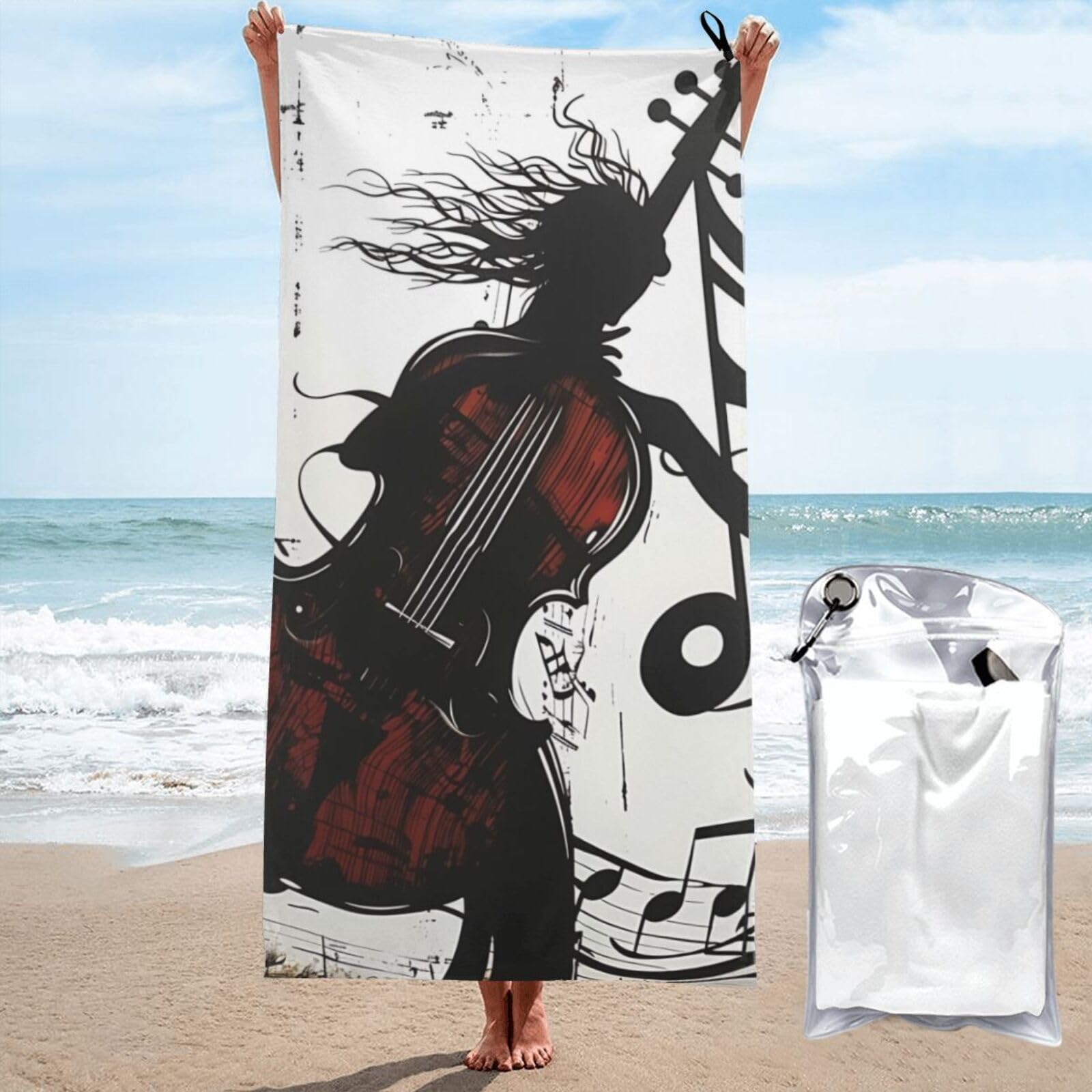BWWHCCTI Music Art Printed Microfiber Quick Dry Beach Towel 80x160 CM, Fast Drying Bath Towels with Bags for Travel,Camping,Gym,Beach,Swimming,Yoga