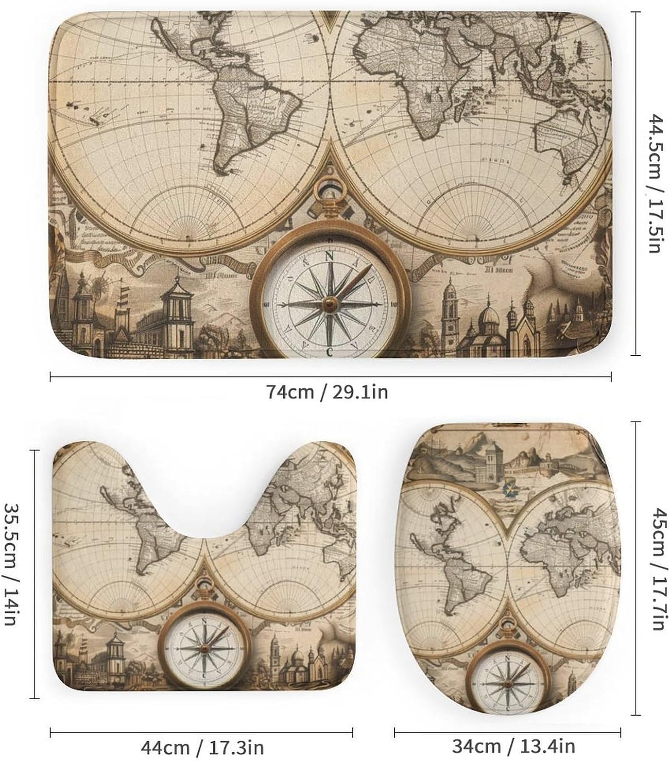 4Pcs Old World Map Shower Curtain Set with Rugs, Toilet Lid Cover and Bath Mat, Traditional Compass City Background Bathroom Curtains Decor Shower Curtains, 72" x 72"
