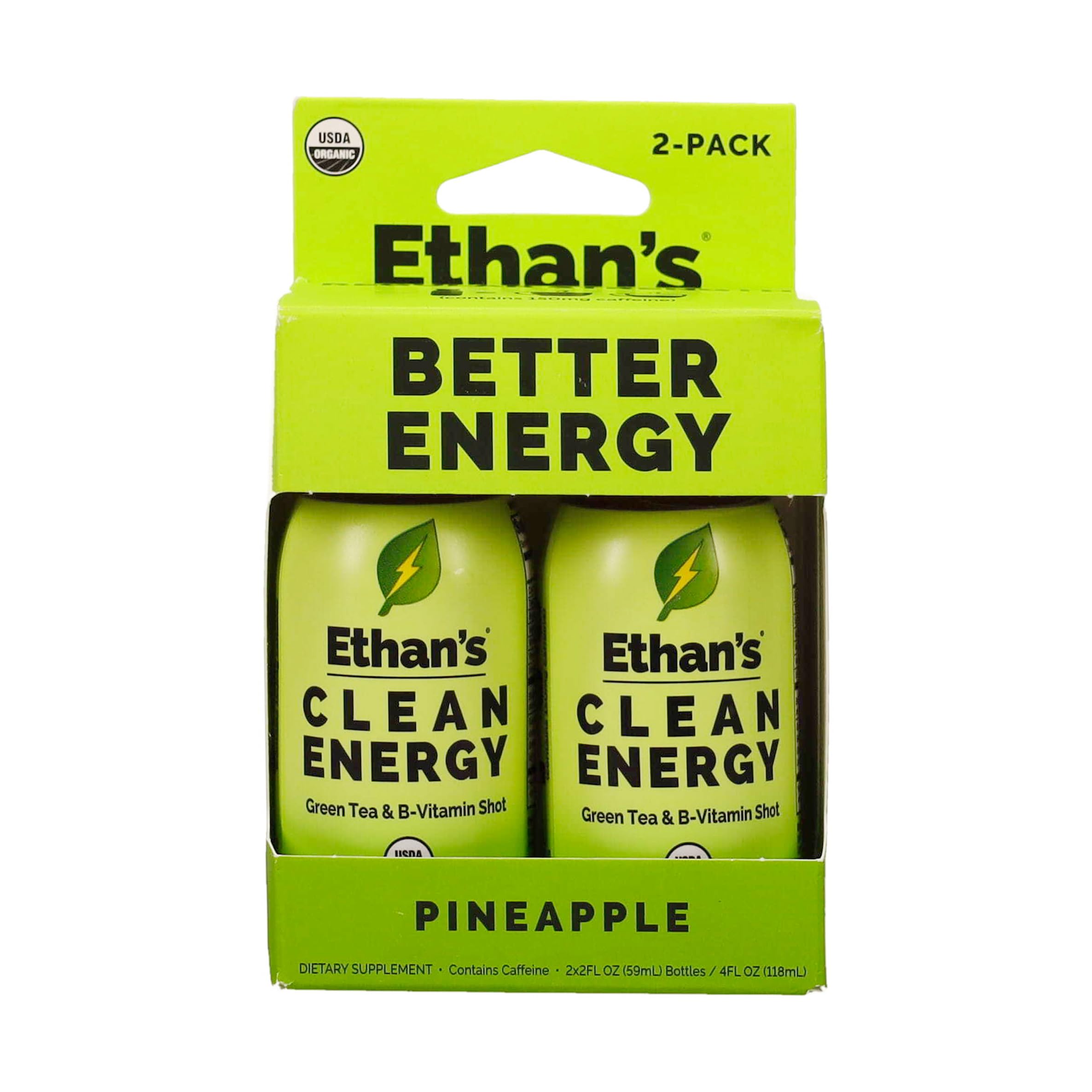 Organic Clean Energy Shots Pineapple, Sugar Free Natural Pre-Workout Focus Boost, Gluten Free, Vegan, B6 & B12 Vitamin C with Green Tea Extract and Guayusa (2 Pack of 2oz Shots)