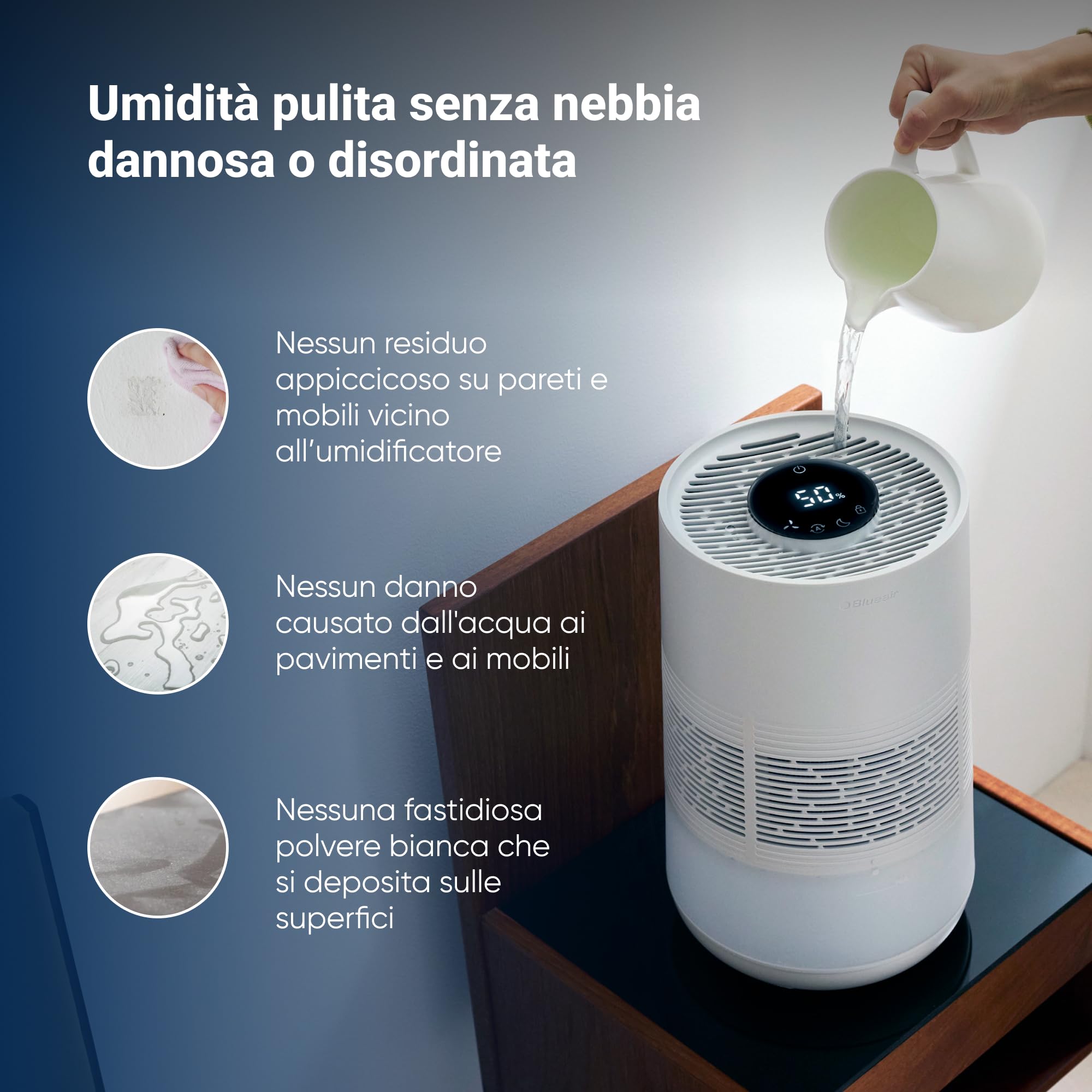 BLUEAIR Umidificatore Intelligente, Serbatoio 3.5L lavabile in lavastoviglie per ambienti di grandi dimensioni, sonno migliore con la tecnologia di evaporazione, modalità automatica e notturna