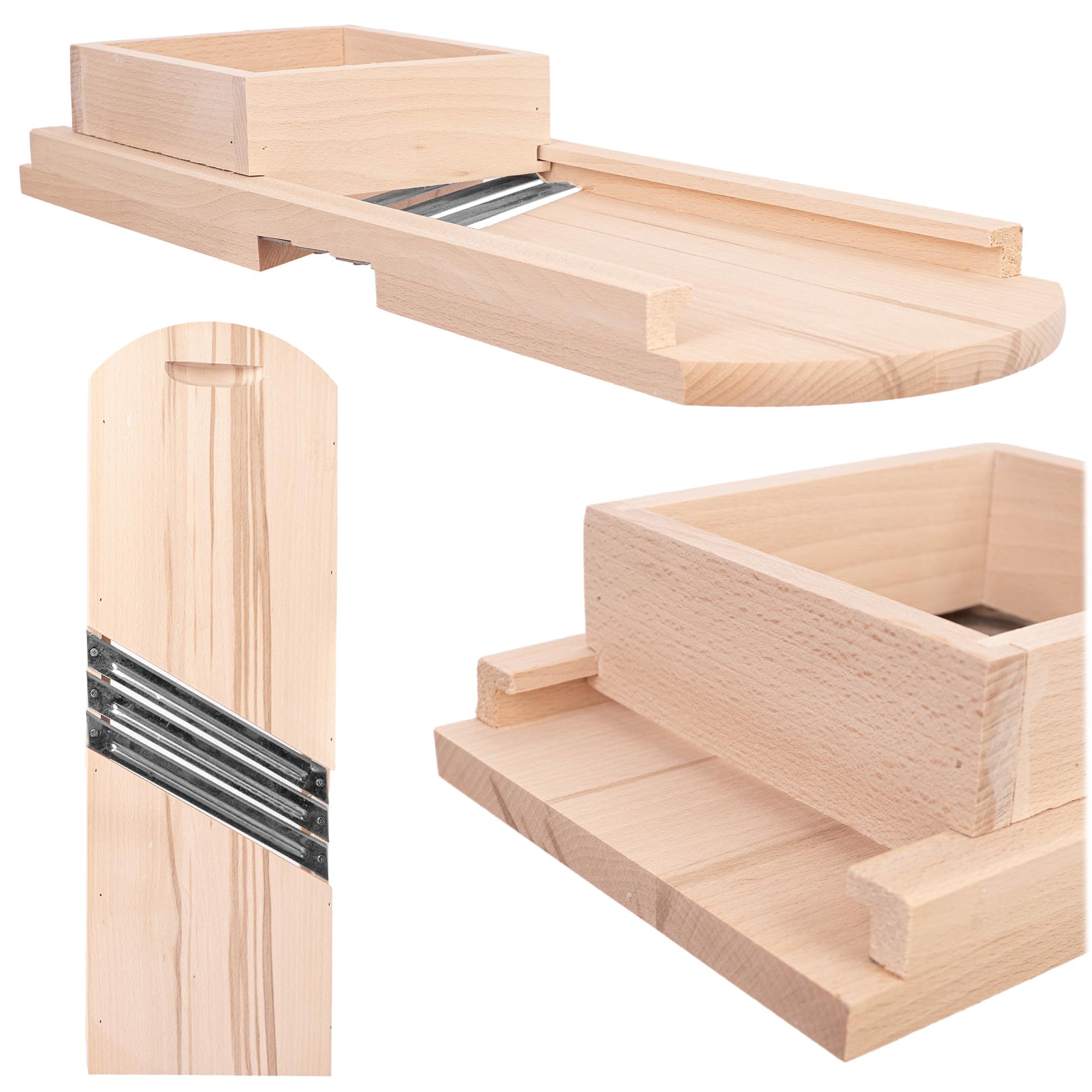 KADAX Cortador de repollo y verduras de madera de 56 x 19 cm, 3 cuchillas de acero inoxidable, corte rápido y uniforme, para crudos, encurtidos y ensaladas
