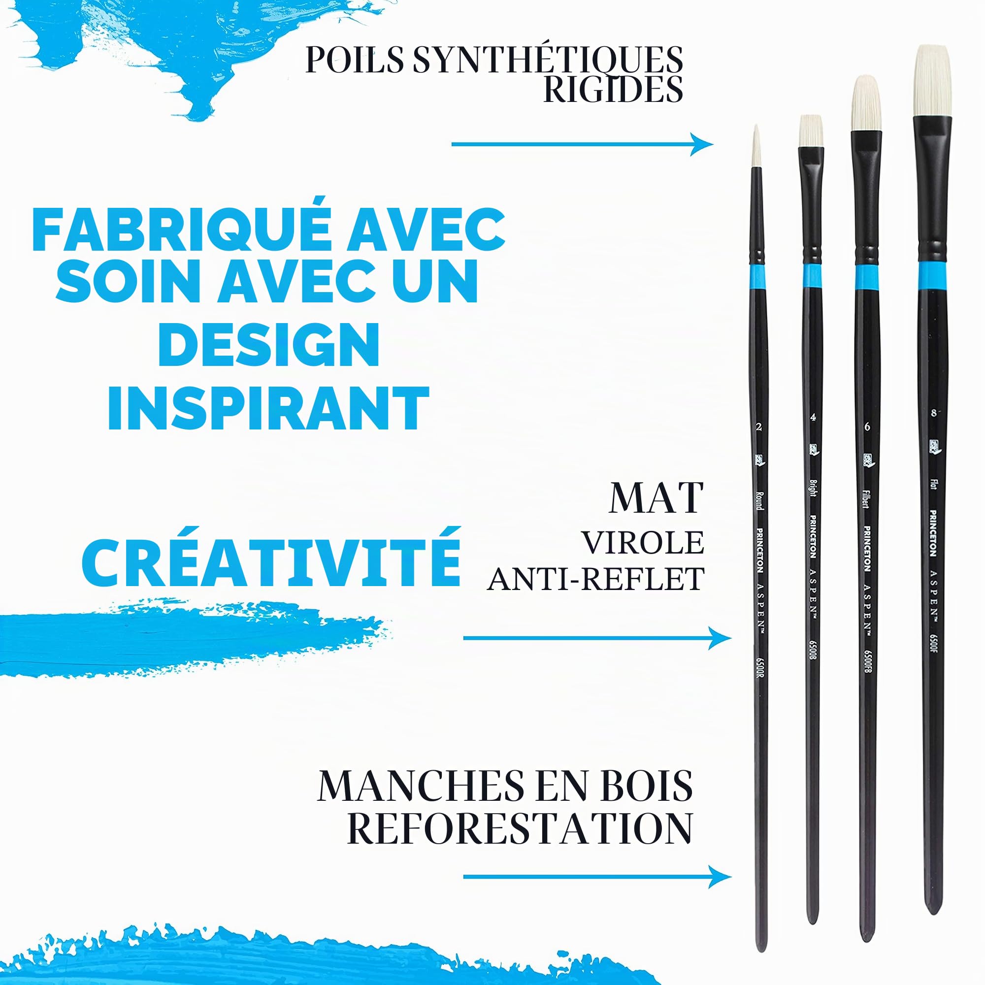 PRINCETON Aspen - Set Professionnel 4 pinceaux synthétiques pour peinture acrylique et à l'huile