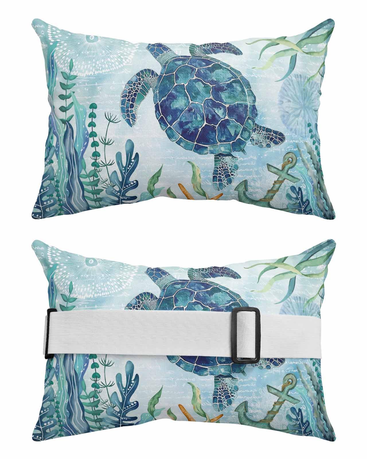 Lumbar Pillow Covers Set of 4, Coastal Sea Turtle Waterproof Outdoor Chaise Lounge Pillow Covers with Elastic Strap, Teal Blue Nautical Summer Beach Coral Headrest Pillowcase for Patio, 12 x 20