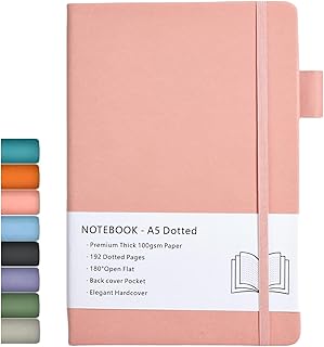 Dotted Notebook A5, Hard Cover Dotted Journal with Premium 100 GSM Thick Paper, Inner Pocket, Elastic Banded, Faux Leather Cover, 192 Pages, 14.5X21.3 cm (Pink)