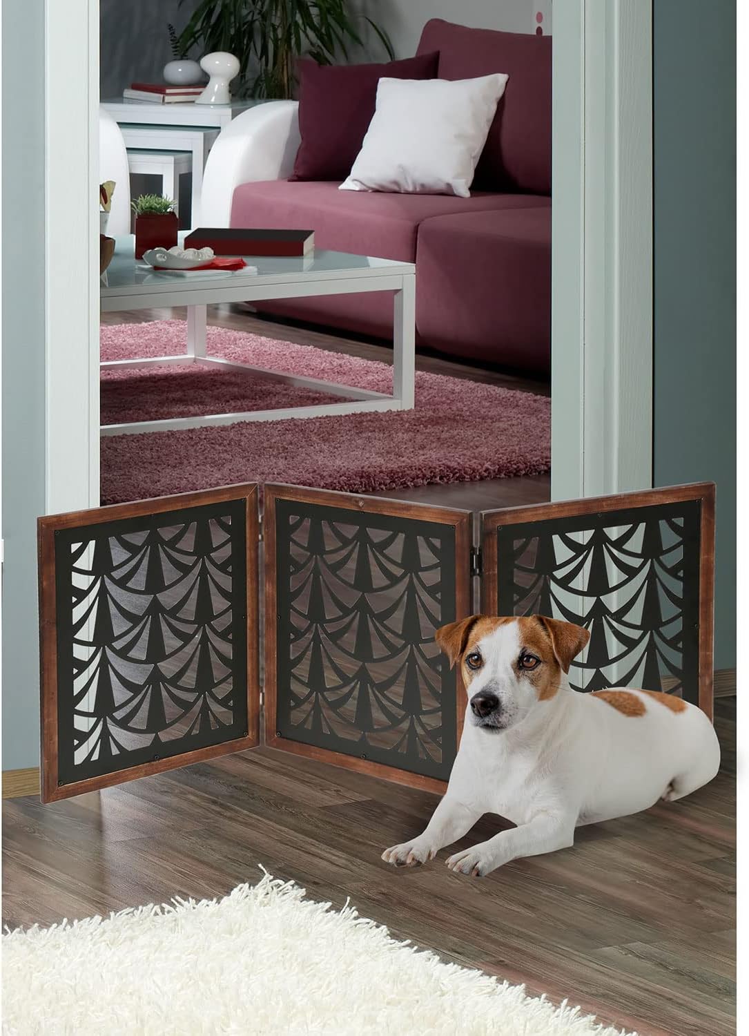 Home District Pet Free Standing Pet Gate - Wood with Metal Fans Design 3-Panel Indoor Dog Fence Barrier, Foldable Dog Gate, 47.24" L x 19.3" H