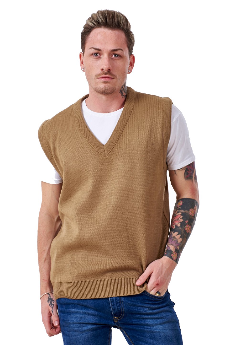 Malay Men’s Plain Knitted V Neck Classic Sleeveless Cardigans Tops Tank Jumpers Size S to 5XL (XXXXX-Large, Beige)