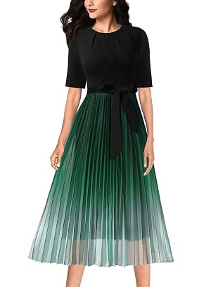 VFSHOW Womens Elegant Patchwork Belted Work Business Office Casual Party Pleated A-Line Midi Dress