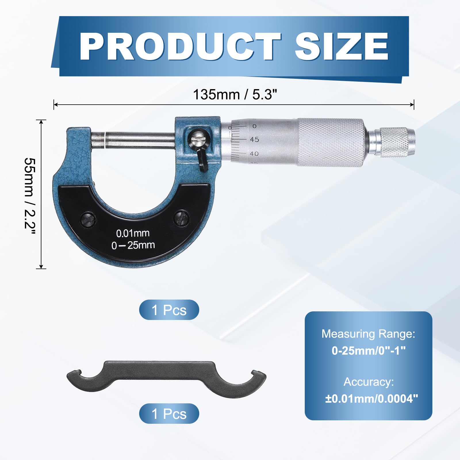 Herramienta de medición de precisión de grado industrial para metal, con rango métrico de 0 a 25 mm y precisión de +/-0,01 mm, con tope de trinquete, para maquinistas e ingenieros. Color azul.