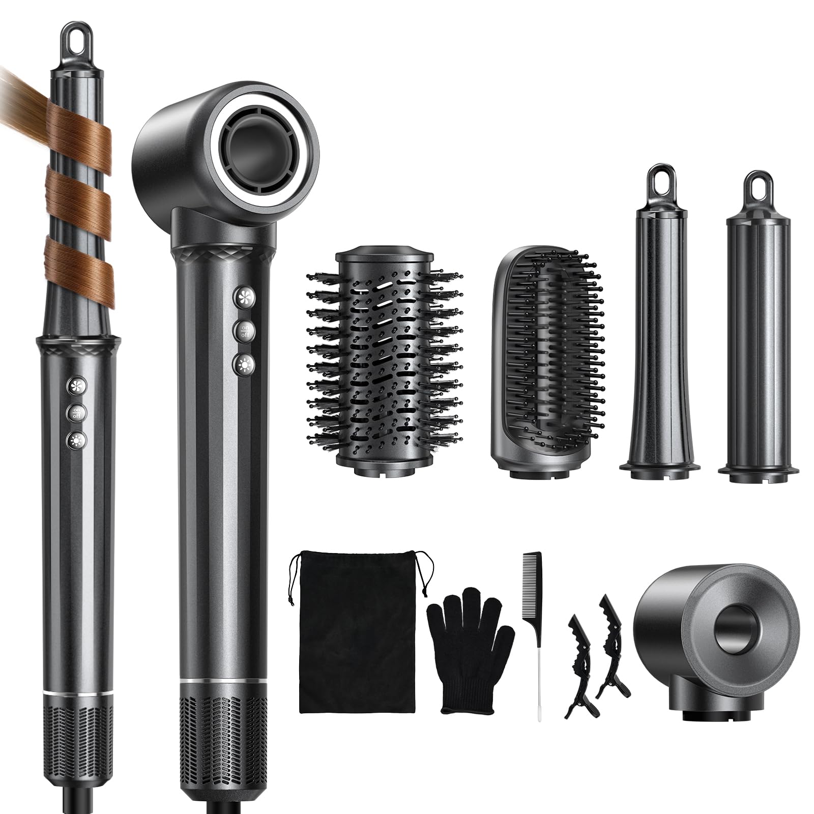 Uwithm Asciugacapelli 5 in 1, 30mm 38mm Arricciacapelli Spazzola Modellante Ad Aria Per Capelli Ricci, Volumizzare, Lisciante, Asciugare, ad aria calda Motore ad alta velocità, Senza Danni da Calore