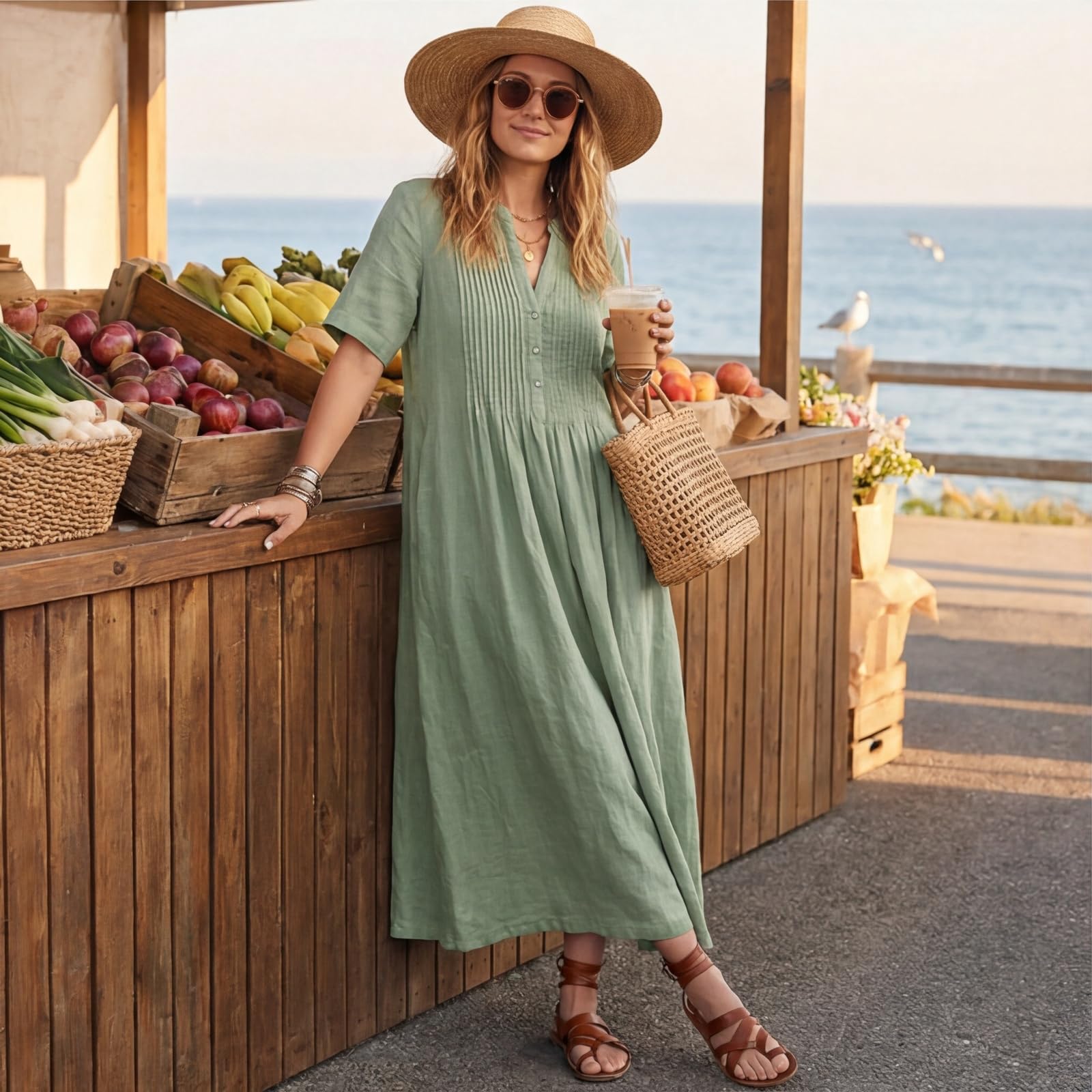 Maxikleider Damen Sommer mit Ärmel Sommerkleid Lang Elegant Plissee Kleid Kurzarm V Ausschnitt Kleider Baumwolle Leinen Sommerkleider Leicht Und Luftig A Linie Damenkleider mit Taschen Casual