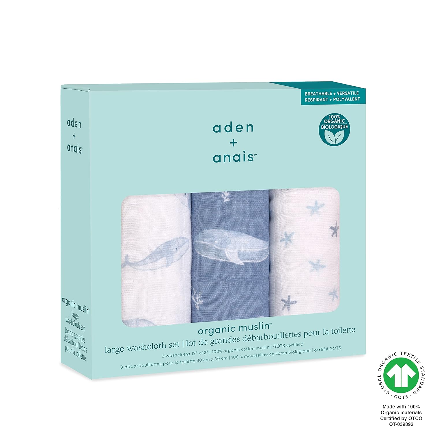 aden + anais Organic Oversized Washcloth 3-Pack, Super Soft 100% Organic Cotton Muslin, Gentle on Skin, 3 Absorbent 12x12 Layers, Softer with Every Use, Perfect for Babies, Infants, Toddlers, Oceanic