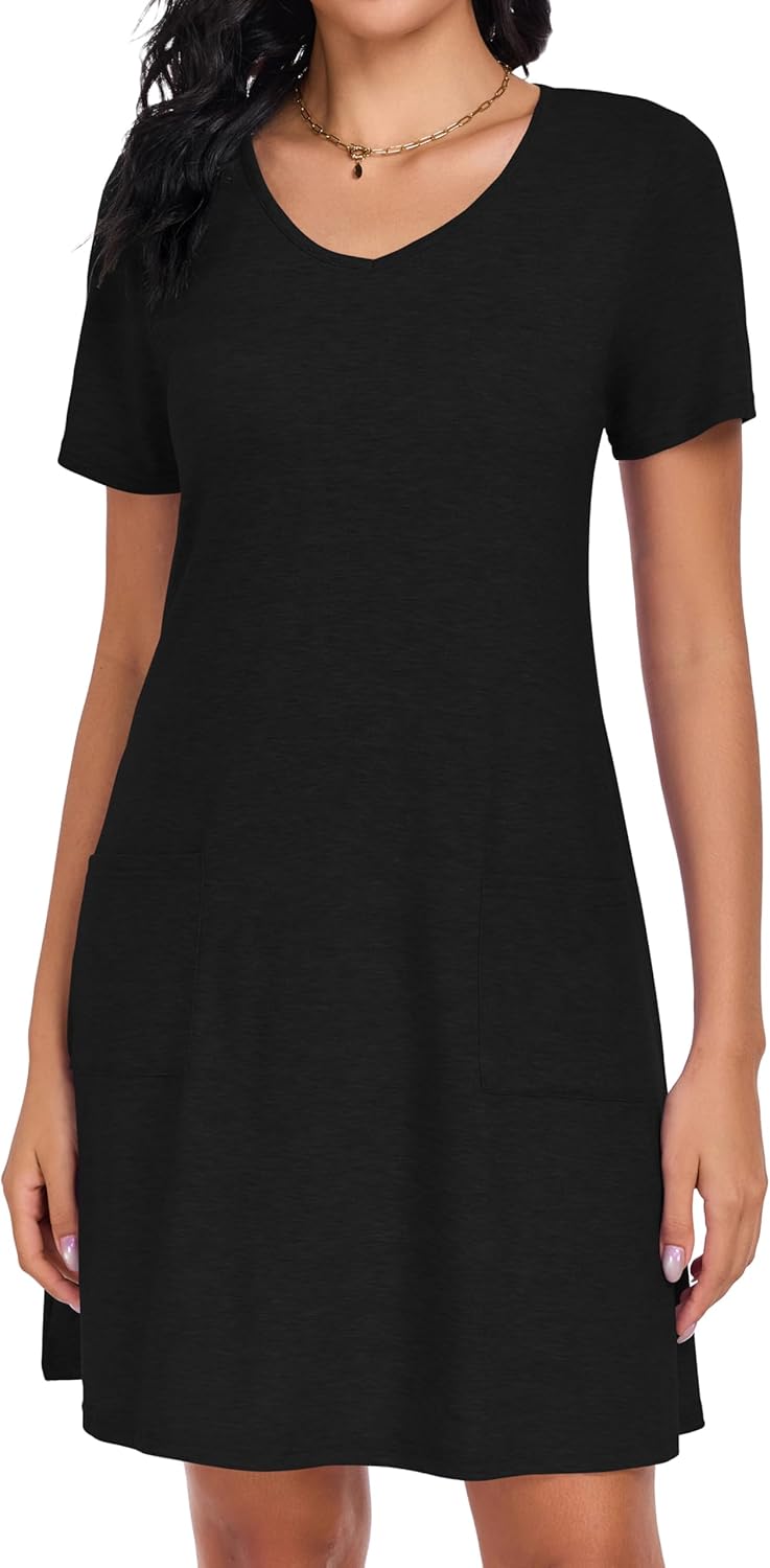 CHICGAL Summer Dresses for Women V Neck Short Sleeve Casual Loose T Shirt Sundress Beach Cover Ups with Pockets - Image 6