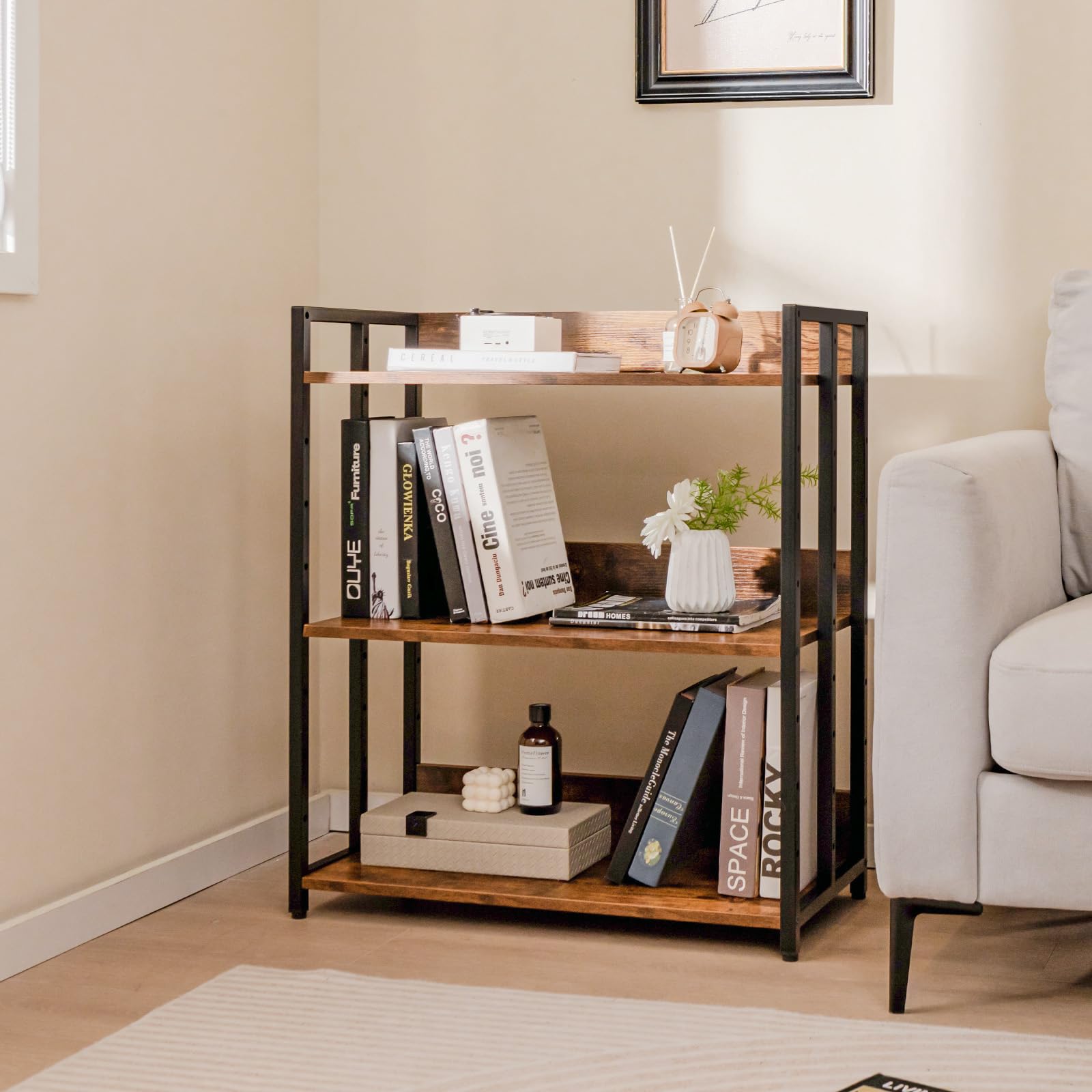 HOMASIS Libreria Scaffale Multiusa a 3/5 Ripiani Regolabili, Libreria Industriale da Terra con Dispositivo Anti-Ribaltamento, Scaffale Angolare da Soggiorno, Studio, Cucina (Marrone, 70 x 35 x 81 cm