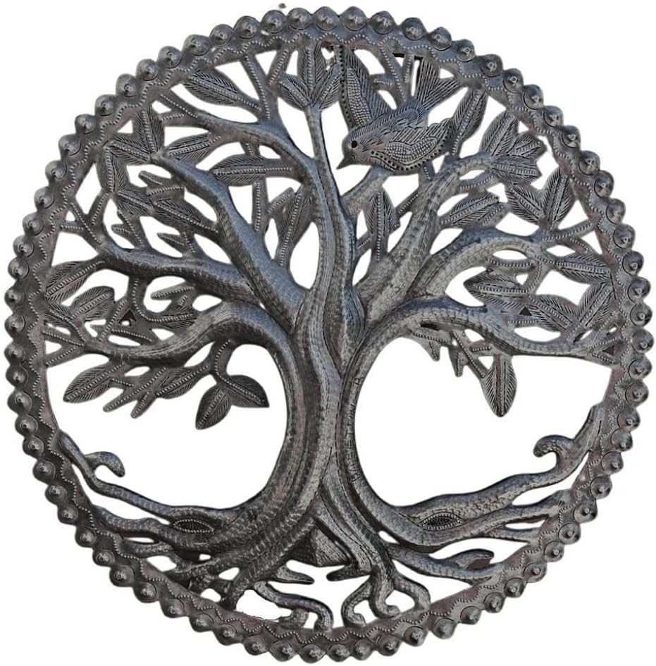 Artisanal Garden Plaques Crafted from Recycled Barrels, Tree of Life, Wall Hanging Plaque, Handmade in Haiti, 11.5 Inches Round