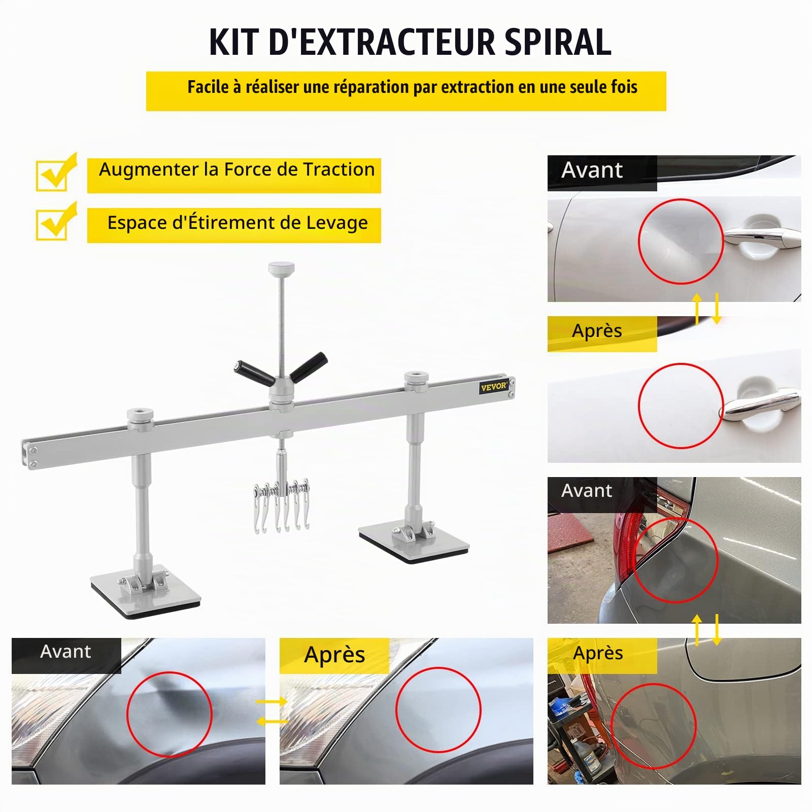 VEVOR Outil de Débosselage Extracteur de Bosse Réparation de Bosse Débosselage Carrosserie sans Peinture Kit avec 6 Crochets à Griffes en Aluminium pour Carrosserie Voiture Réfrigérateur (85CM)