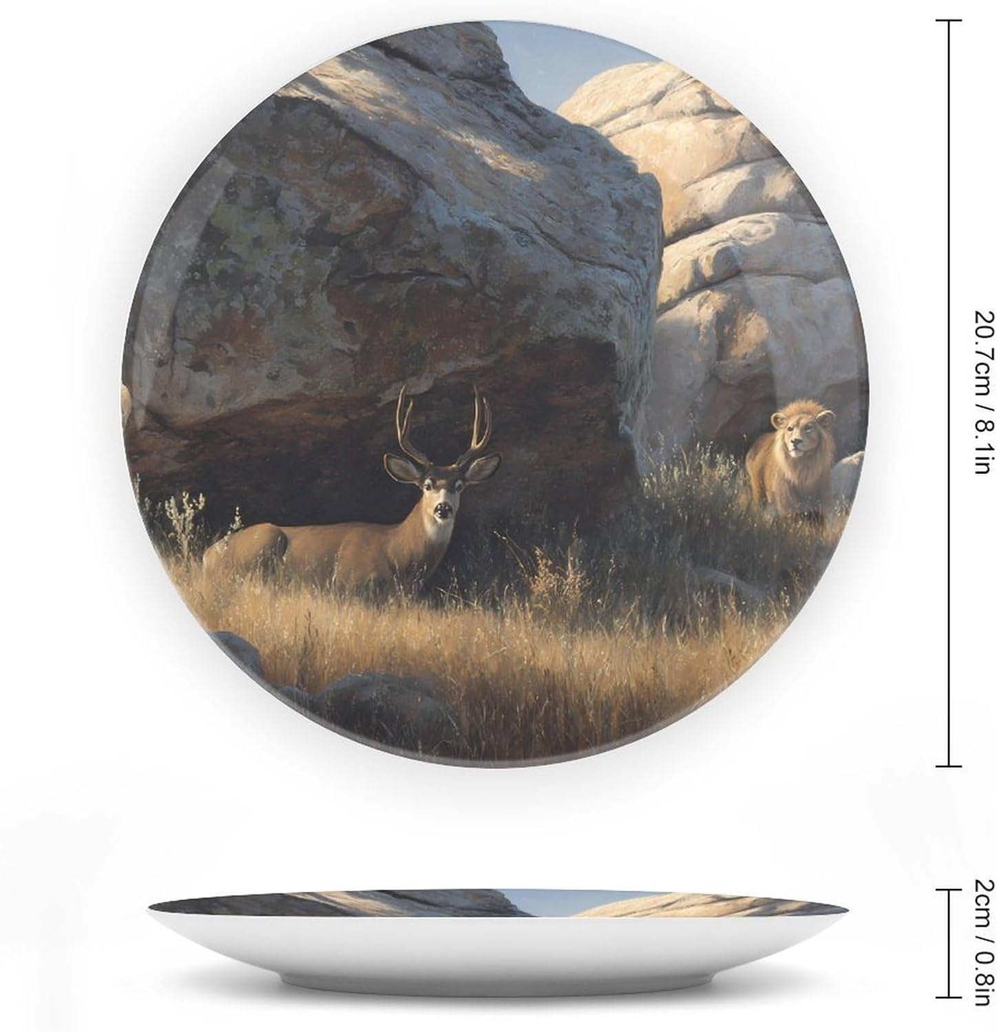 Lions Hunting Deers Behind Boulders Decorative Plates for Display Ceramic Plate Tray with Stand Hanger Home Decor