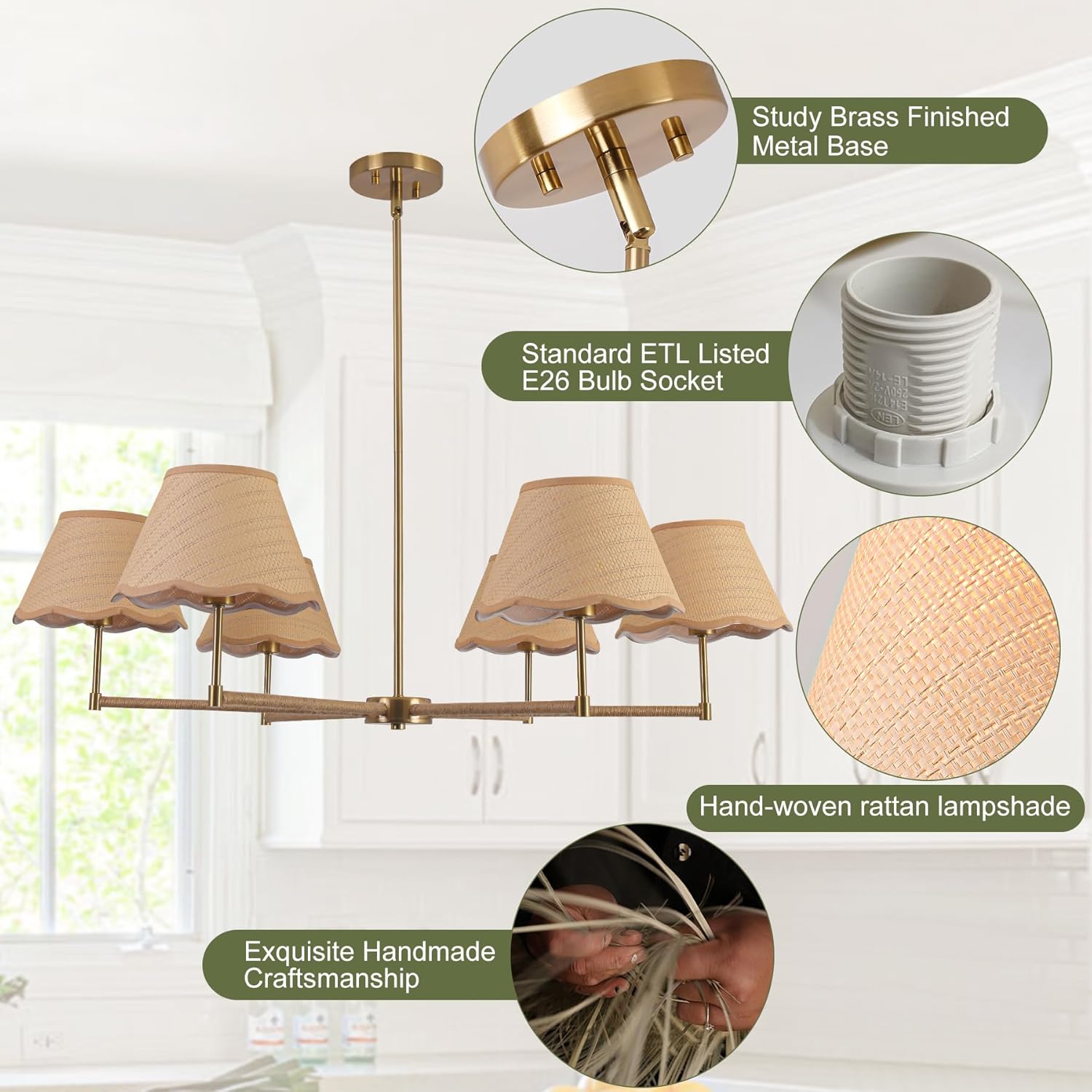 Boho Chandelier,39 Inch Rattan Pendant lights Kitchen Island,Living Room Dinning Room Light Fixture for Ceiling,Large Height Adjustable Farmhouse Chandeliers for Dinning room,Living room,Bedroom,Gold