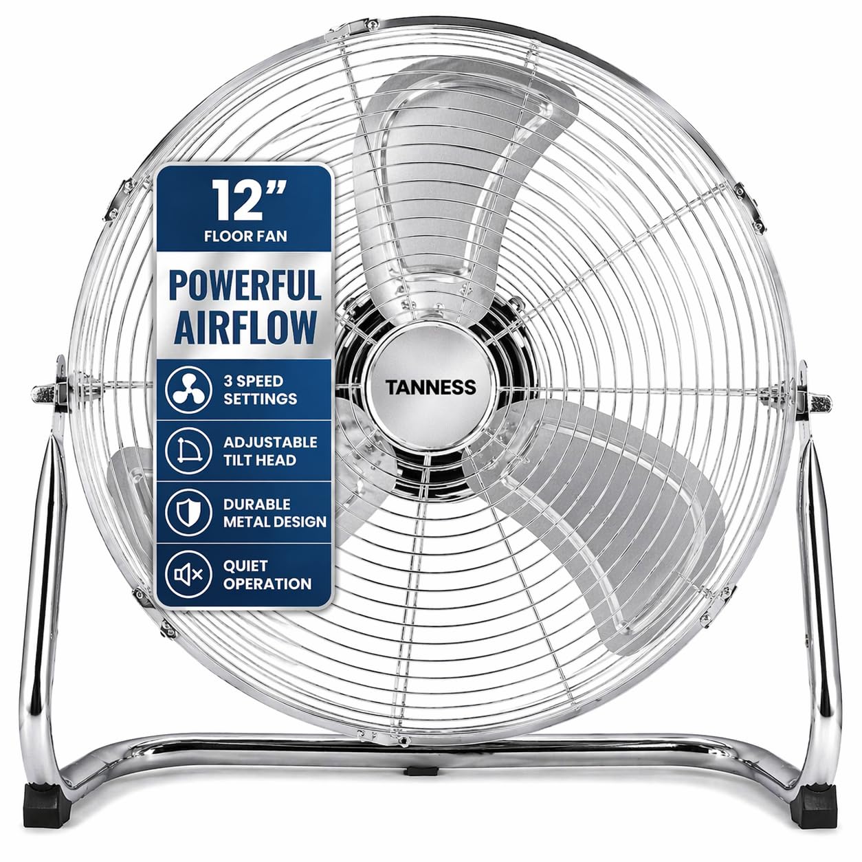 TANNESS 12 Inches Chrome Metal Floor Fan, High Power 3-Speed Home Gym with Adjustable Head, Heavy-Duty Industrial Fan for Home & Commercial Use, Powerful Airflow, Quiet Operation