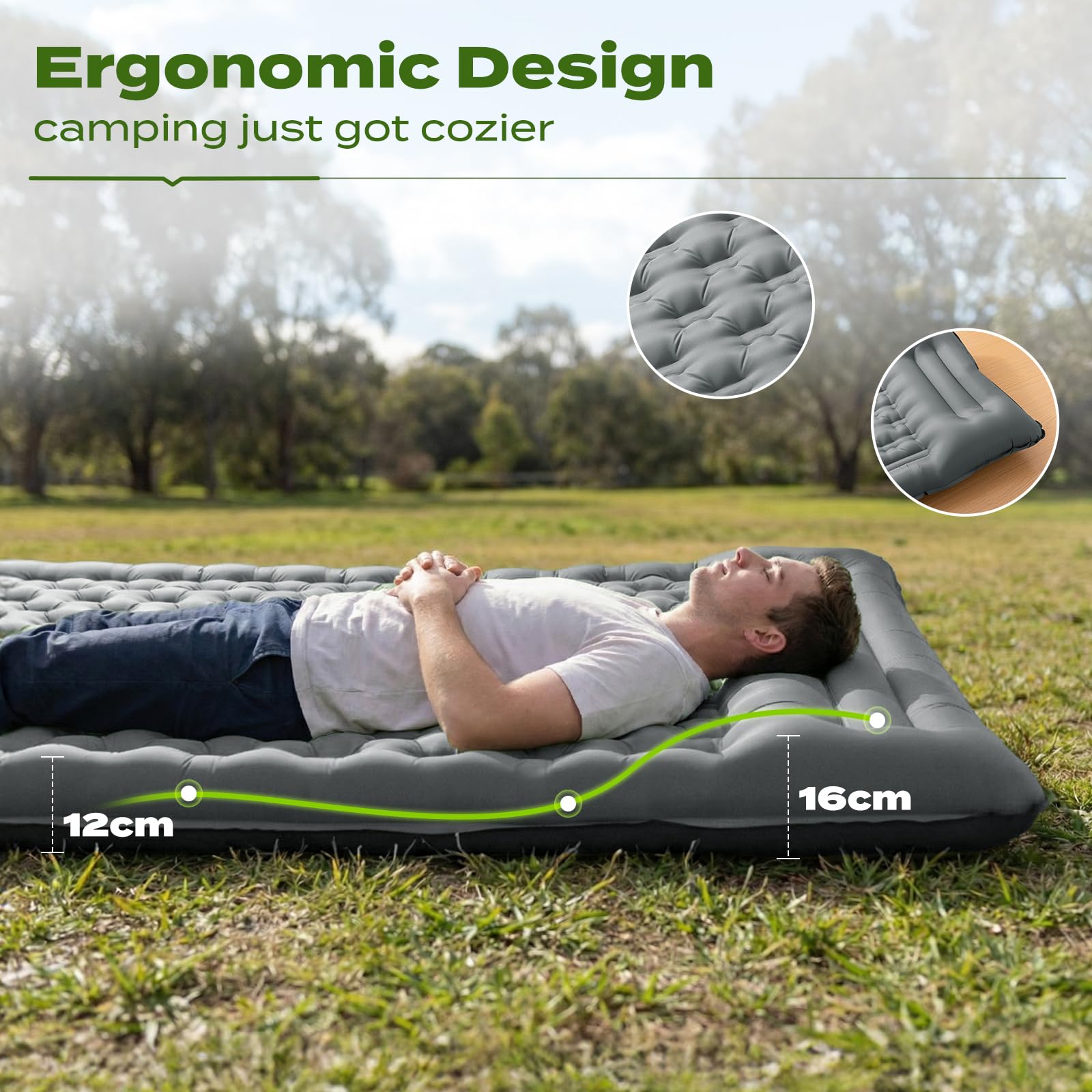 Colchoneta de Gran Tamaño, Colchón Hinchable de Camping con Almohada, Esterilla Autoinflable XXL, Gris 196 x 135 x 12 cm