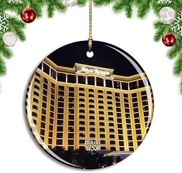 USA America Biloxi Beau Rivage Casino Christmas Xmas Tree Ornament Decoration Hanging Pendant Decor City Travel Souvenir Collection Double Sided Porcelain 2.85 Inch