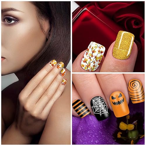 Miniatura 5 de SILPECWEE 8 hojas de envolturas de uñas de Halloween para mujer, diseño de otoño, tiras adhesivas de esmalte de uñas de gel autoadhesivas con lima