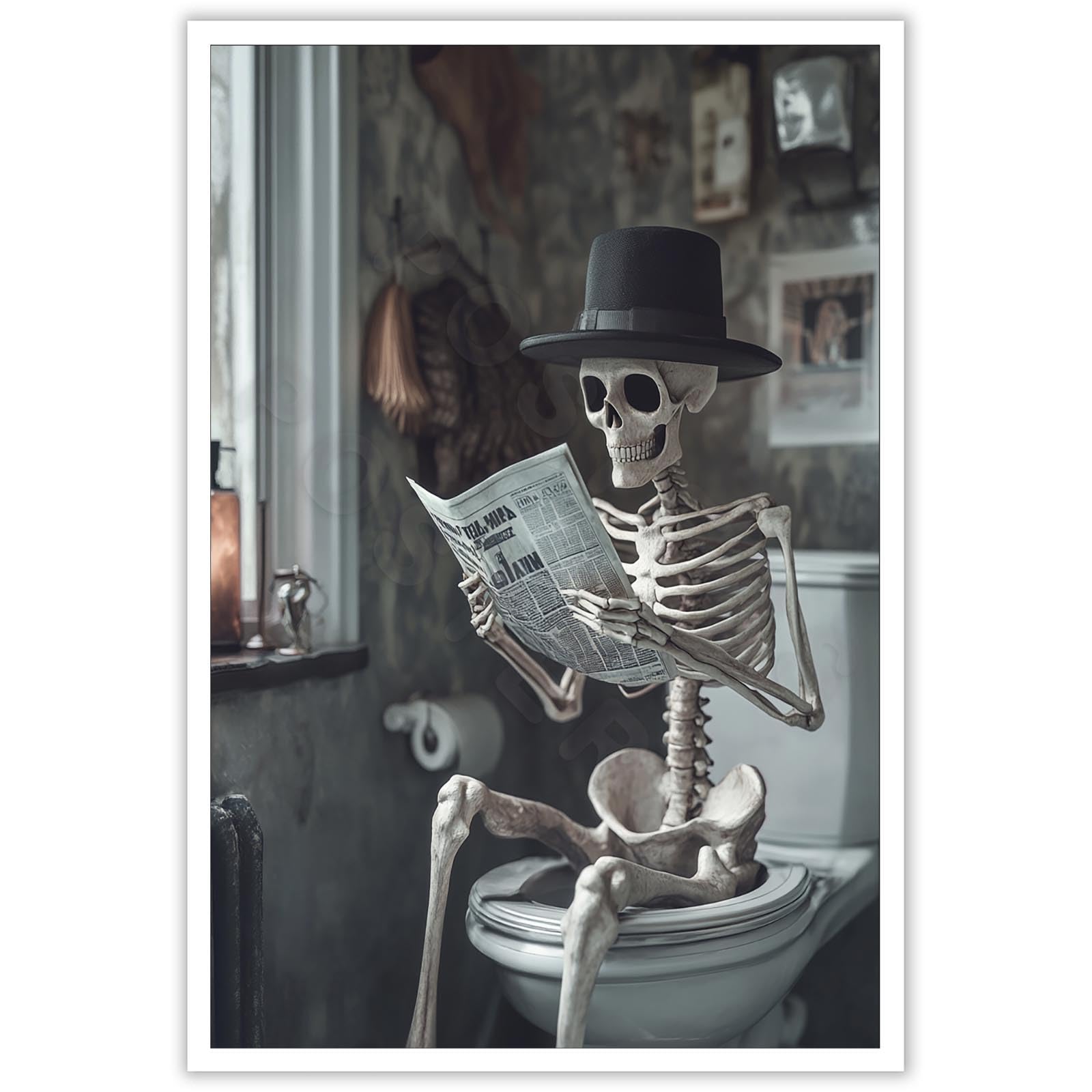 Funny Horror Skeleton Reading A Newspaper In The Toilet Print Picture Poster Whimsical Creepy Canvas Painting Wall Art Home Bathroom Room Decor