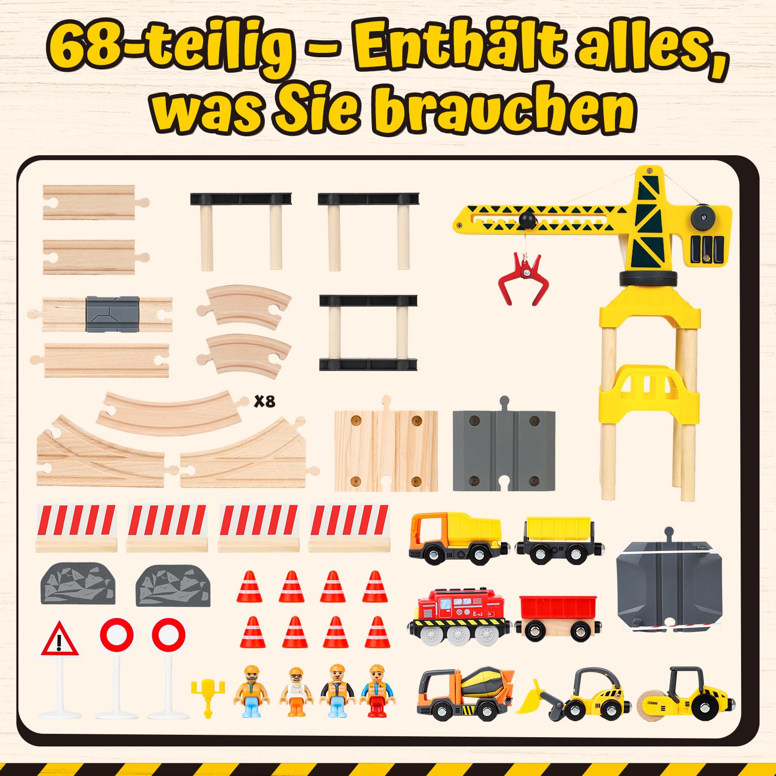 Lehoo Castle Holzeisenbahn, Elektrische Lok und Kran, Kinder ab 3 Jahre | 68 Teile, Elektrischer Zug, 360 Grad Magnetkran, Kompatibel mit Holzschienen, Baustellenfahrzeuge, Geschenk ab 3 Jahre