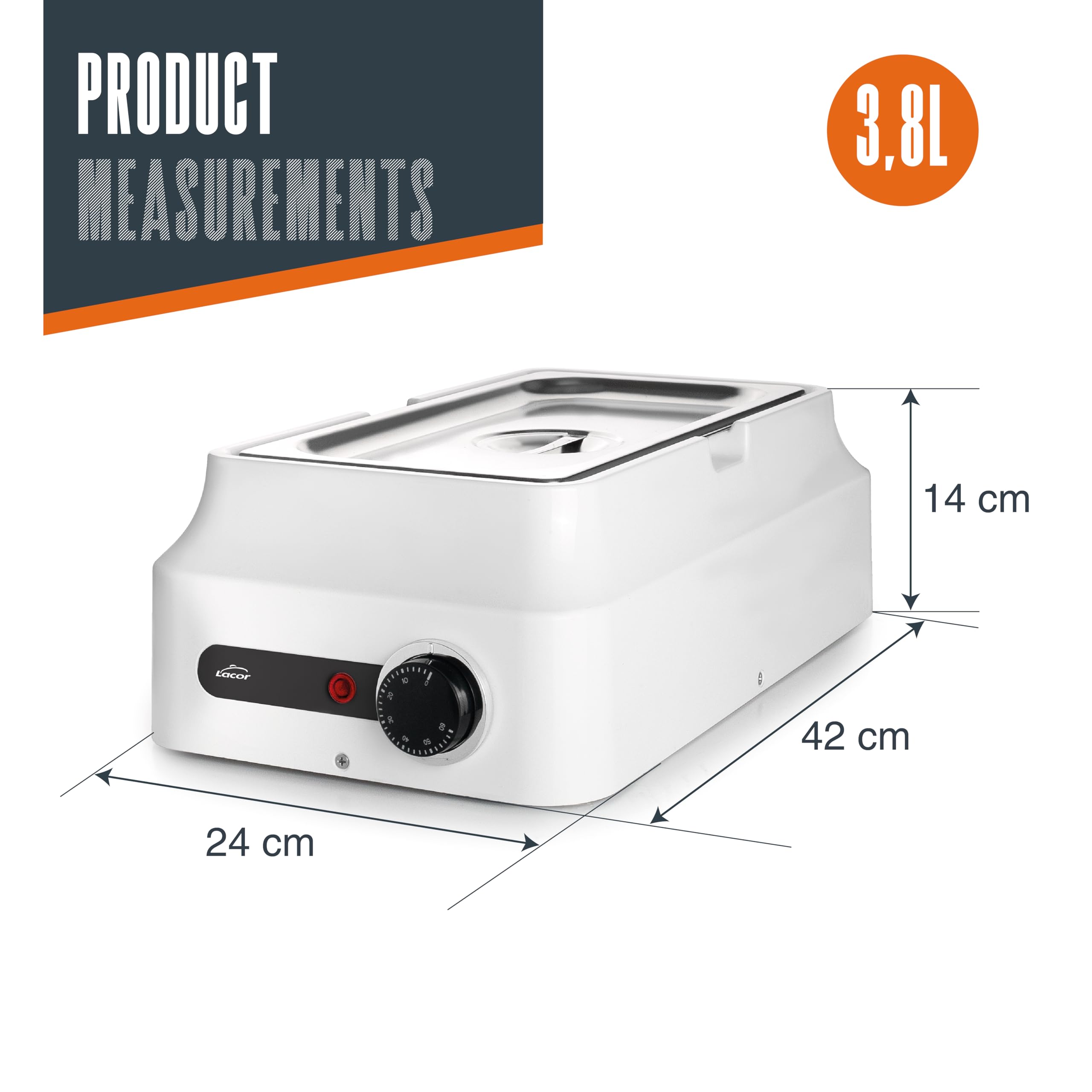 Lacor - 69618 - Schokoladen-Wasserbad, Weiß, 3,8 L, Edelstahl 18/10, 80W, Regelbarer Thermostat 0-60 °C, Professionelles Schokoladen-Schmelz- und Temperiergerät, 3D-Erhitzung