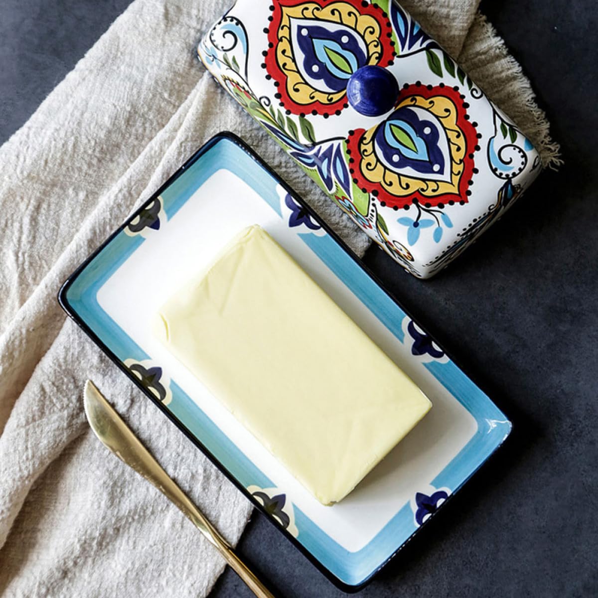 SOLUSTRE Butterglocke Keramik mit Deckel 250g Spülmaschinenfest Vintage Design zur Aufbewahrung von Käse und Früchten im Kühlschrank