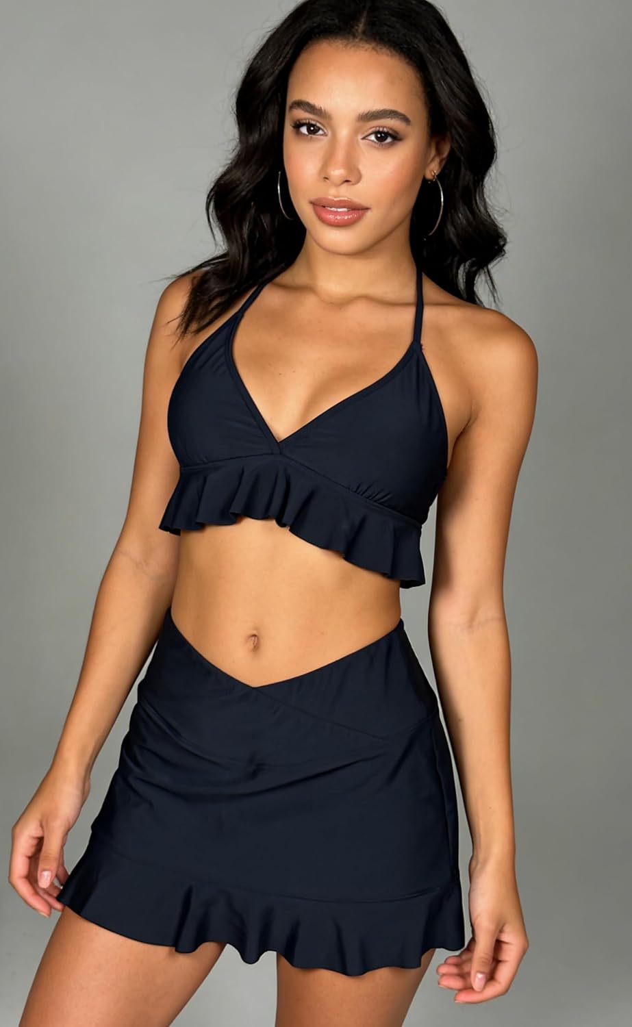 Womens High Waist Tummy Control Swim Skirt with Ruffled Hem - Built-in Safety Shorts & Phone Pocket for Beach Pool