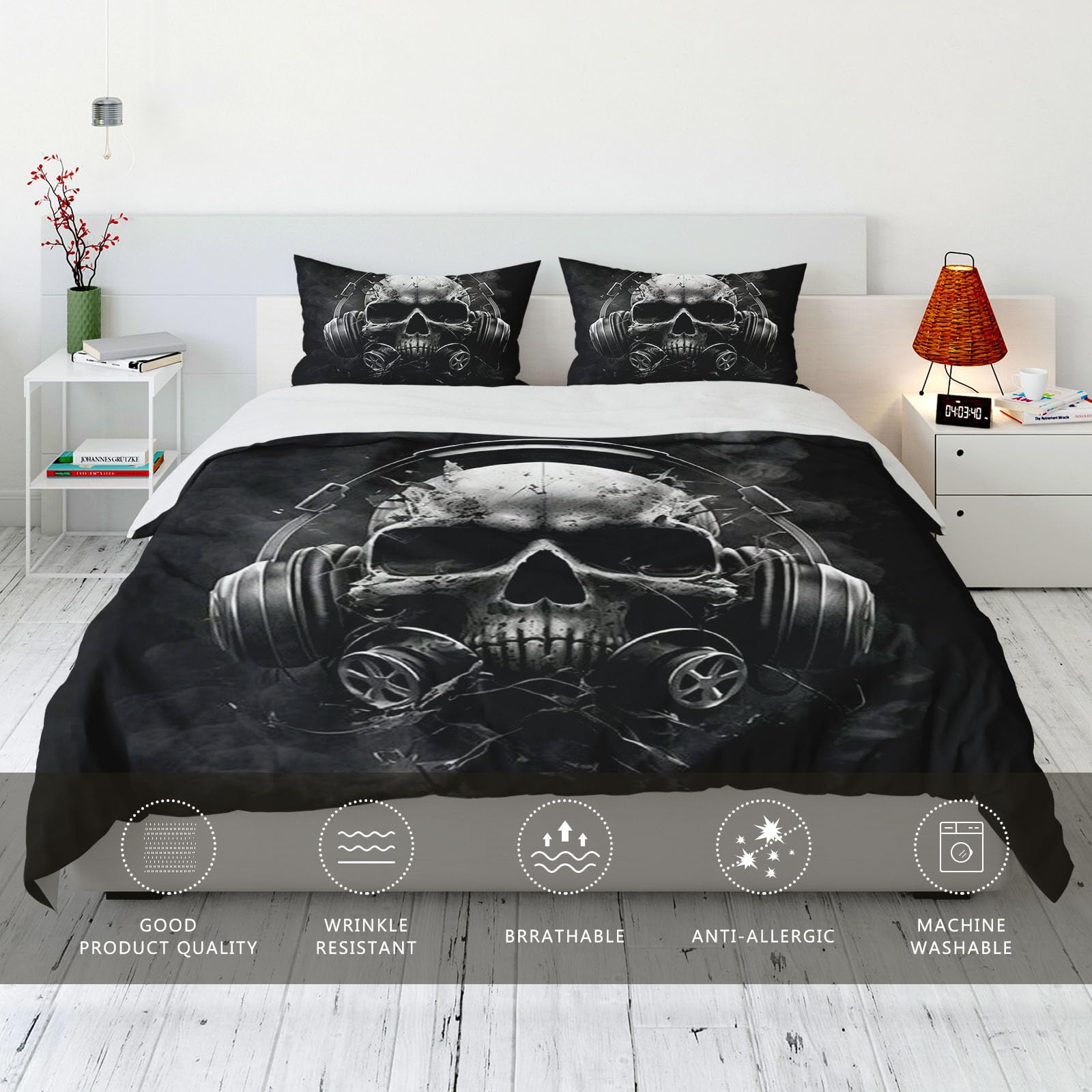 KIDSLOVE Komplet pościeli 135 x 200 cm, czaszka, styl gotycki, zestaw pościeli dla dzieci, dziewczynek, czaszka i kwiaty, miękka mikrofibra, z poszewkami na poduszki (8, 220 x 240 cm, 50 x 75 x 2)