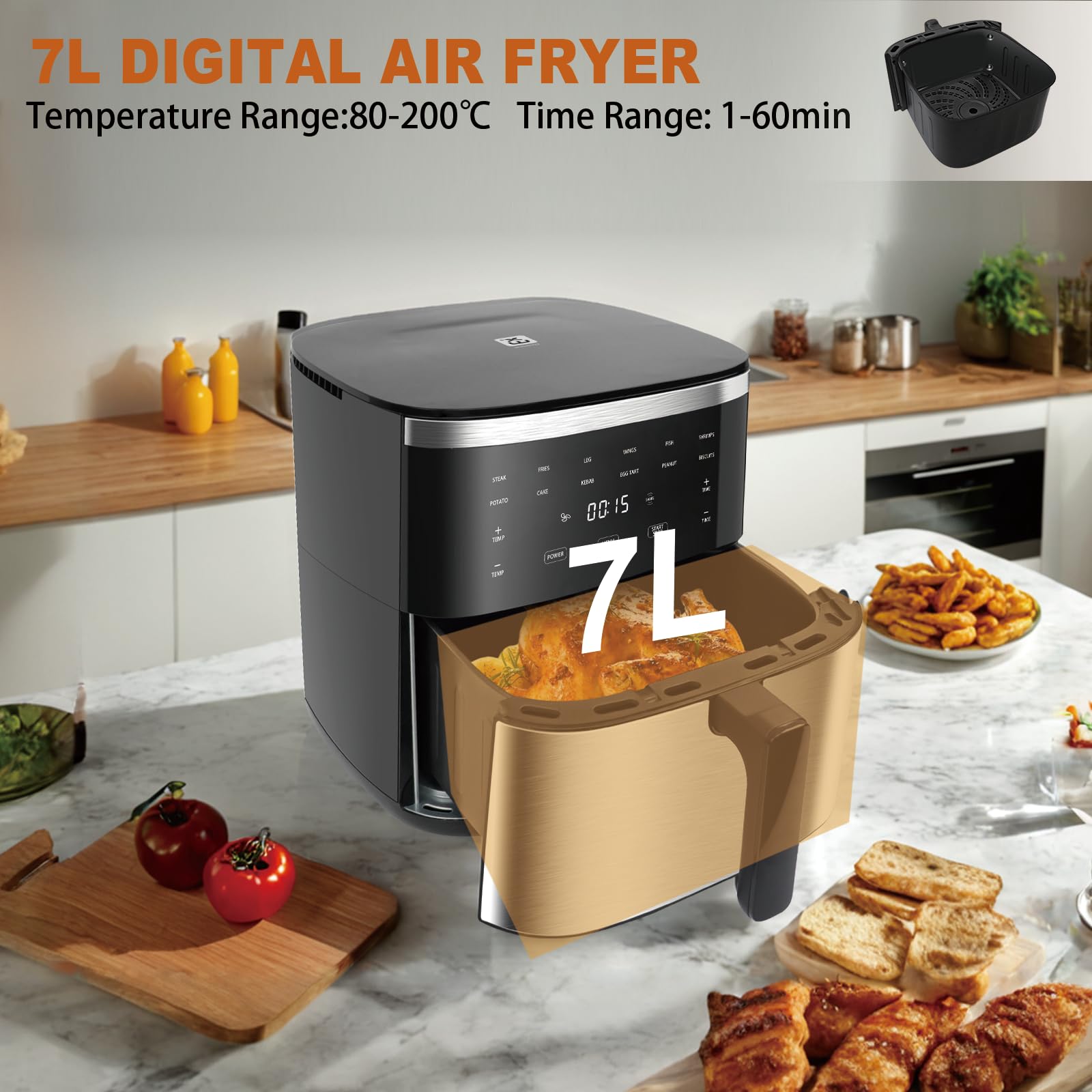 Friggitrice ad Aria 7 Litri, Airfryer Senza Olio con Touch Screen, Friggitrice XXL 1800W, Modalità Shake, One-Touch Display, Tempo e Temperatura Regolabili 80-200℃