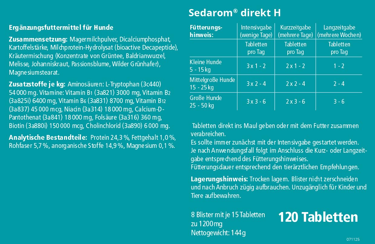 almapharm sedarom direkt h | 120 Tabletten | Ergänzungsfuttermittel für Hunde | Zum Ausgleich ernährungsbedingter Mängel an B-Vitaminen | Unterstützung des Nervenstoffwechsels