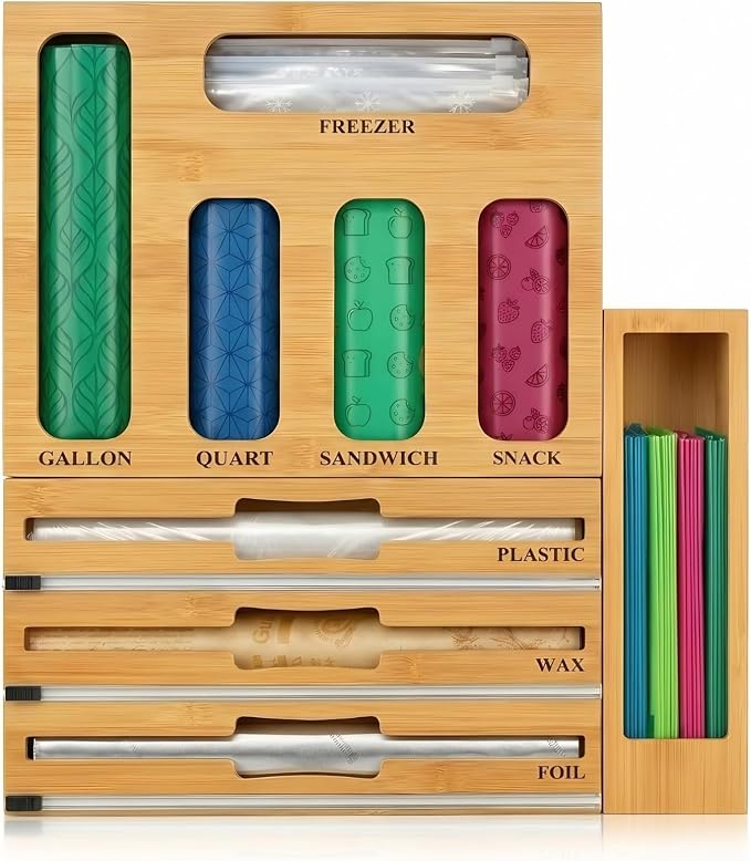 9 IN 1 Storage Bag Organizer for Kitchen Drawer, Bamboo Foil and Plastic Wrap with Cutter, Ziplock Bag Organizer for Gallon, Quart, Sandwich & Snack Bags - Aluminum Foil Organizer