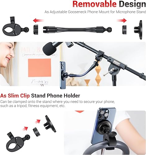 Miniatura 5 de Soporte de teléfono 2 en 1, soporte magnético de teléfono de 8 pulgadas para soporte de micrófono con cuello de cisne extraíble y ángulo de bloqueo,