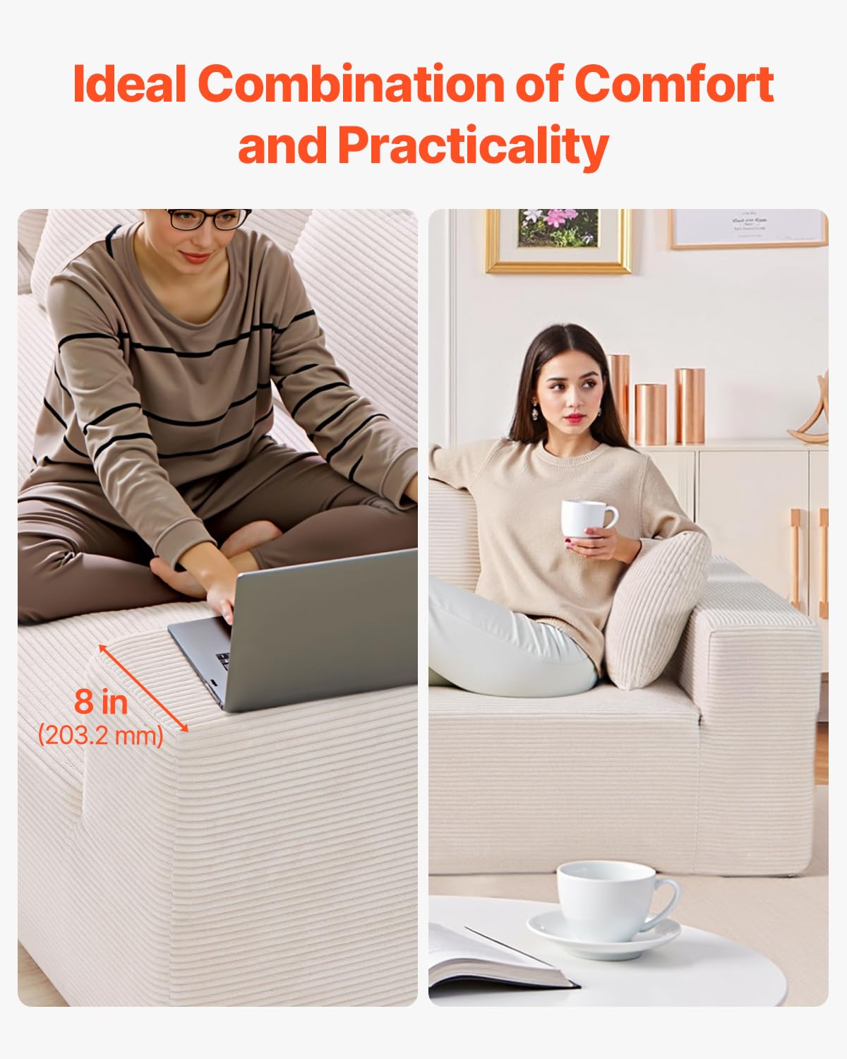 VEVOR Sofá Modular Seccional en Forma de L 2100 x 2100 x 570 mm, Sofá Seccional Nube con Esponja de Alto Rebote y Densidad, Sofá de Pana Tapizado con Cojín para Sala de Estar, Apartamento, Beige