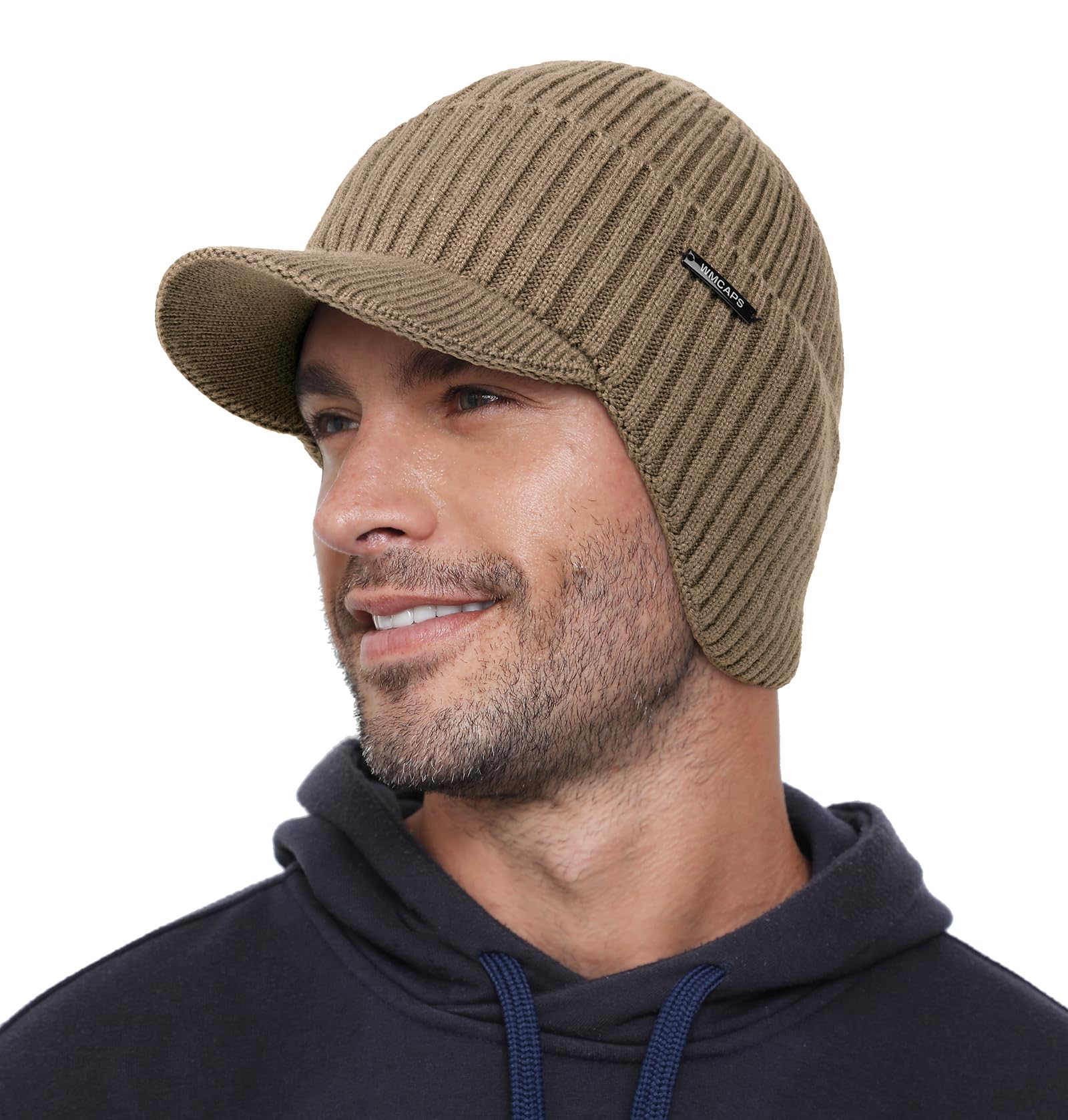 Wmcaps Winter Beanie with Brim and Ear Flaps, Outdoor Warm Fleece Lined Knit Hat Stocking Caps for Men Women
