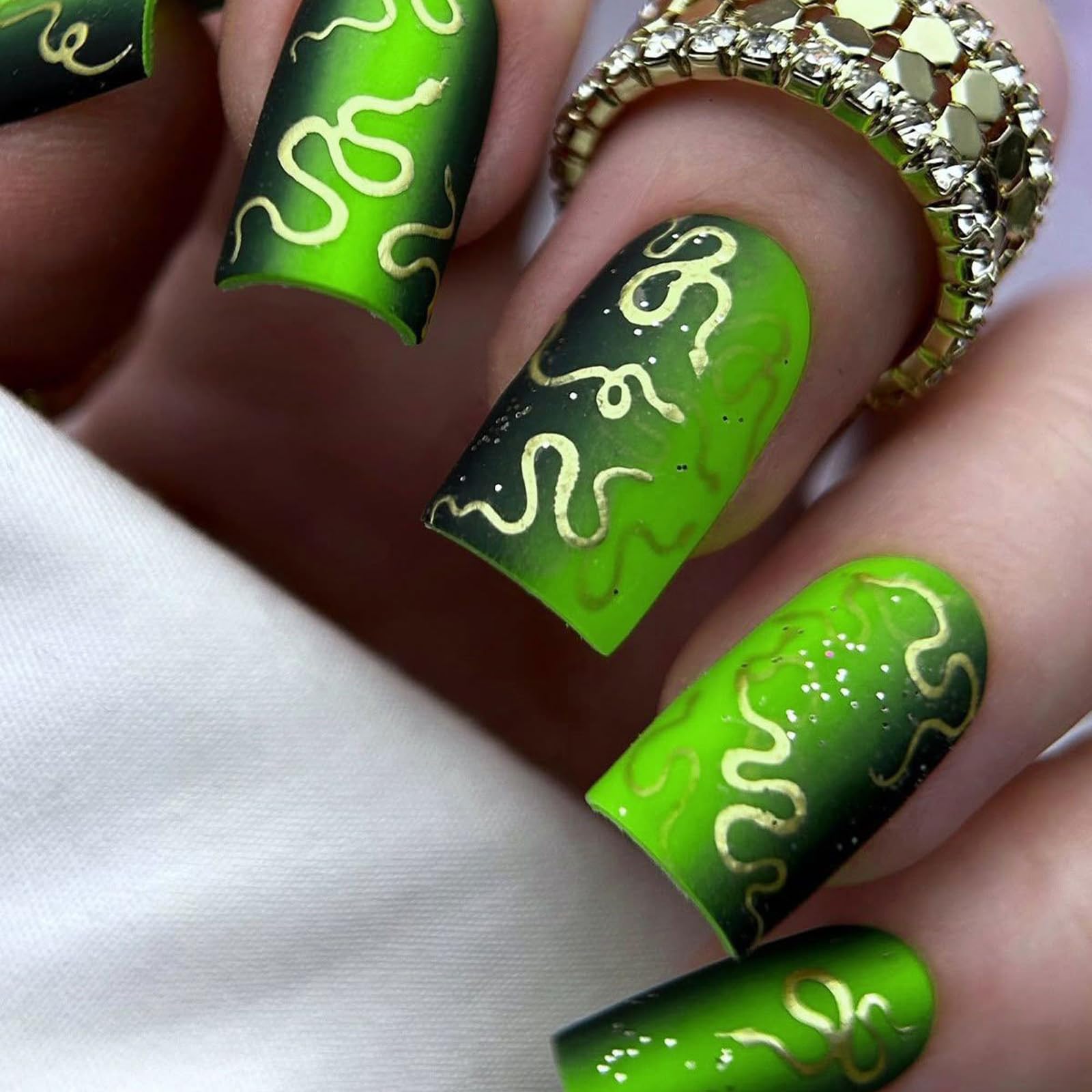 IMSOHOT Medium Square Squoval Press on Nails, Green Matte with Golden Snake Acrylic Nails for Women, 24PCS