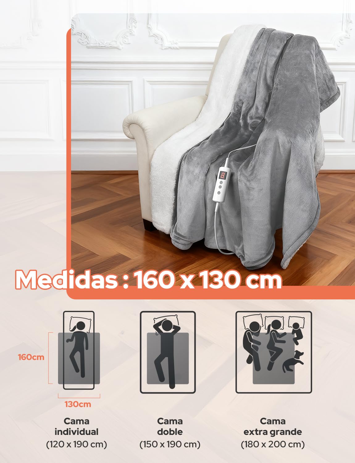 Manta Eléctrica 160x130cm Manta Calefactable 10 Temperaturas 9 Horas Configuraciones de Temporizador Calentamiento Rápido Lavable a Máquina Apagado Automático para Hogar Oficina Gris Claro
