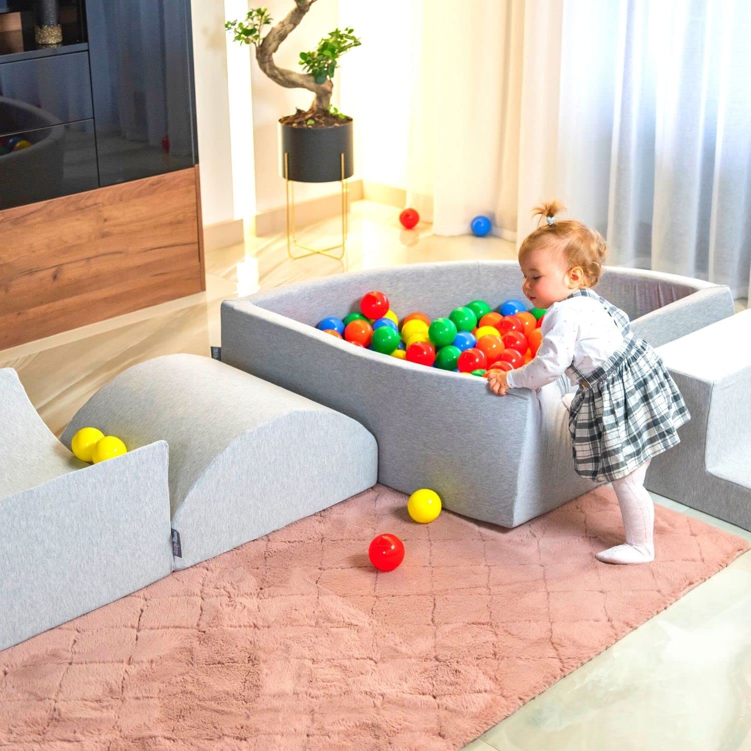 KiddyMoon Area di Gioco in Schiuma con Quarto Angolare Piscina di Palline (100 Palline) per Bambini, Grigioch:Bianco/Grigio/Rosa Chiaro