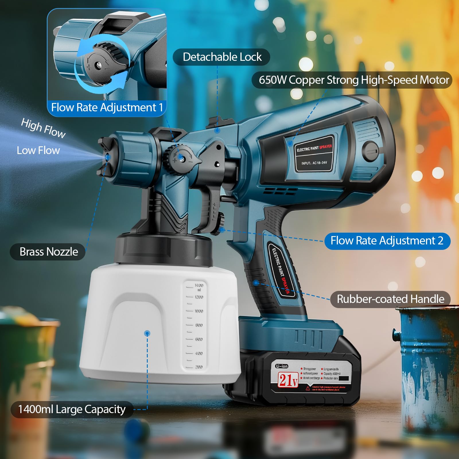 Greraes Cordless Paint Sprayer – HVLP Electric Gun With 2x 48V Batteries, 1000ml Container, 3 Spray Patterns, For Furniture, Walls, Cabinets, DIY