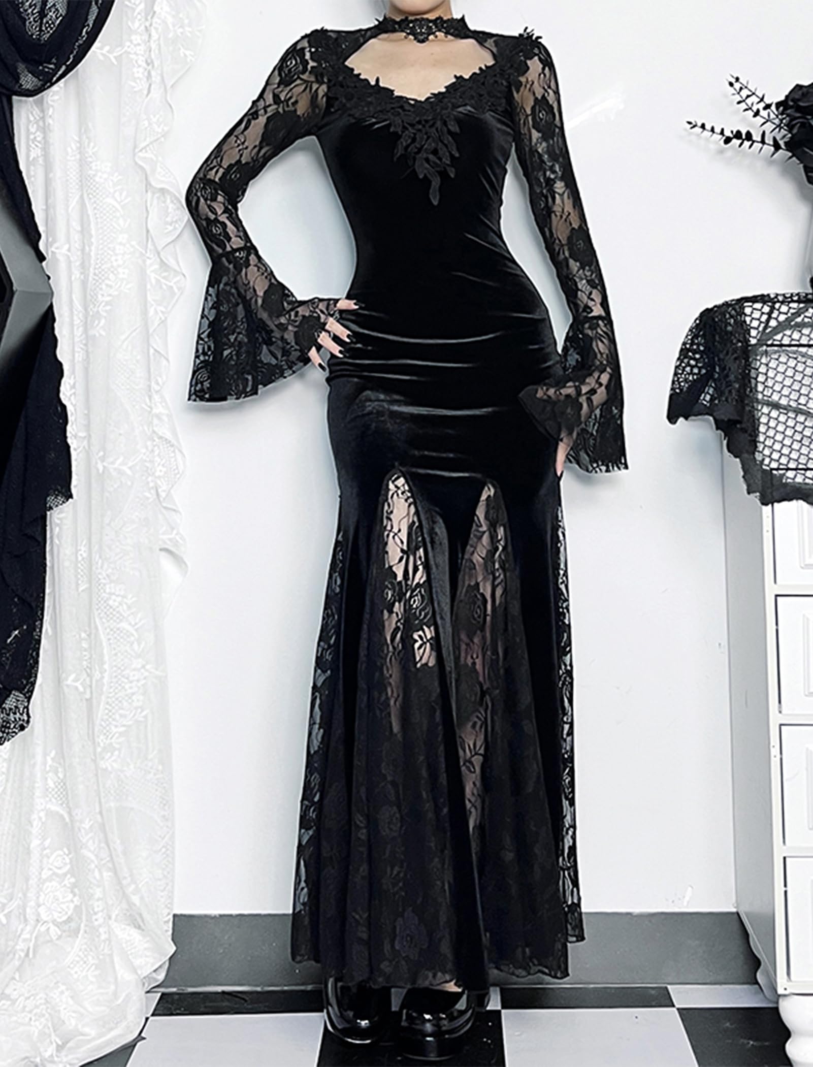 IBAKOM Mittelalter Kleidung Damen Vintage Gothic Kleid Renaissance Steampunk Kleid Festival Rave Outfit Samtkleid Spitzenkleid Abendkleid Vampir Cosplay Kostüm für Halloween Karneval Party