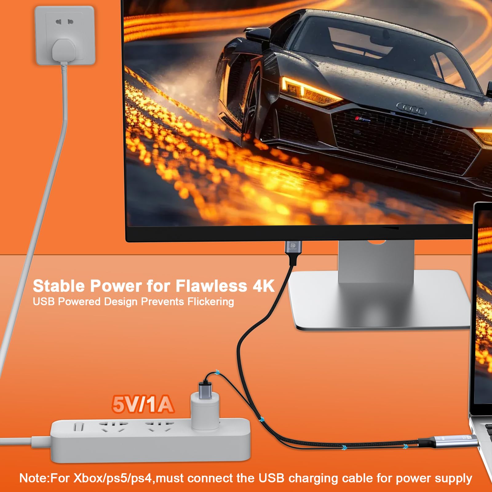 Adaptateur HDMI vers DisplayPort, 1,8 m actif 4K @ 60 Hz, câble tressé HDMI vers DP unidirectionnel HDMI vers DP avec alimentation USB pour PS5, Xbox Series X/S, Switch, PC, ordinateur