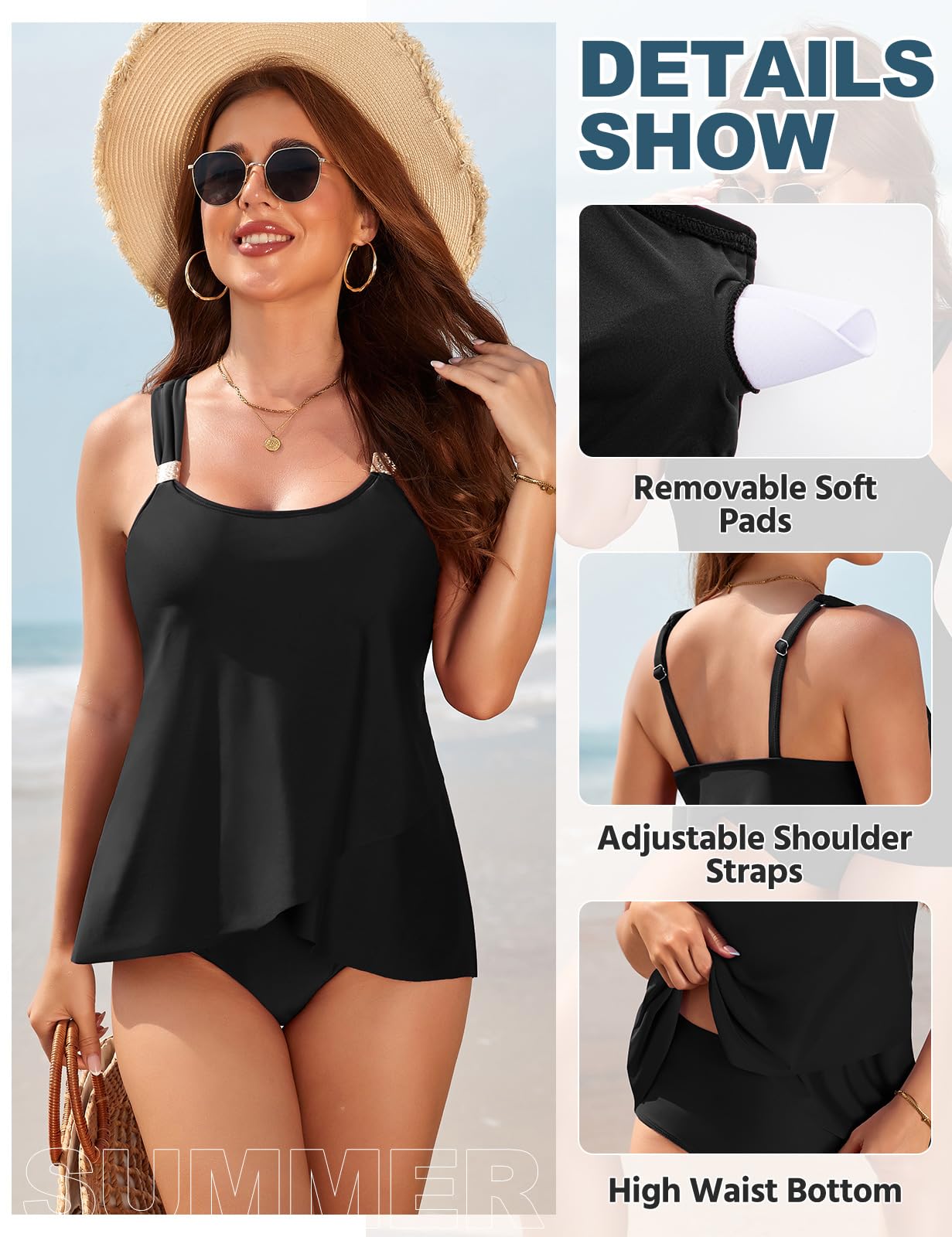 Svanco Tankini Femme 2 Pièces Amincissant avec Bretelles Élégantes et Ourlet en Couches Fluide