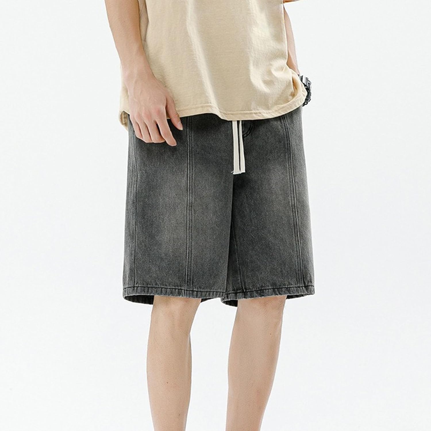 Men's Baggy Jean Shorts Elastic Waist Straight Denim Shorts Vintage Distressed Casual Jean Shorts