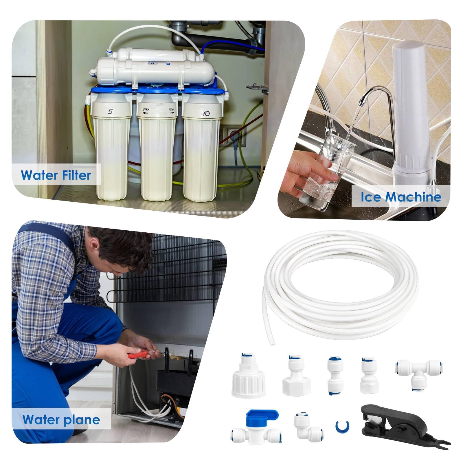 Kit de Raccordement D'eau pour Réfrigérateur de 15m, Tuyau D'alimentation en Eau Tube de Filtre Pièces et Accessoires, Matériau POM Tuyau Frigo Alimentation en eau pour Réfrigérateurs,Aquarium（1/4"）
